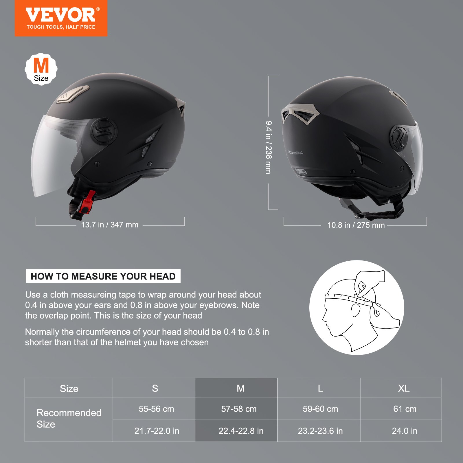 Kask motocyklowy VEVOR, kask motocrossowy, rozmiar twarzy 3/4, rozmiar M, ABS, gniazdo Bluetooth i wymienne soczewki, wygodny kask motocrossowy z certyfikatem DOT, dla młodzieży i dorosłych, czarny