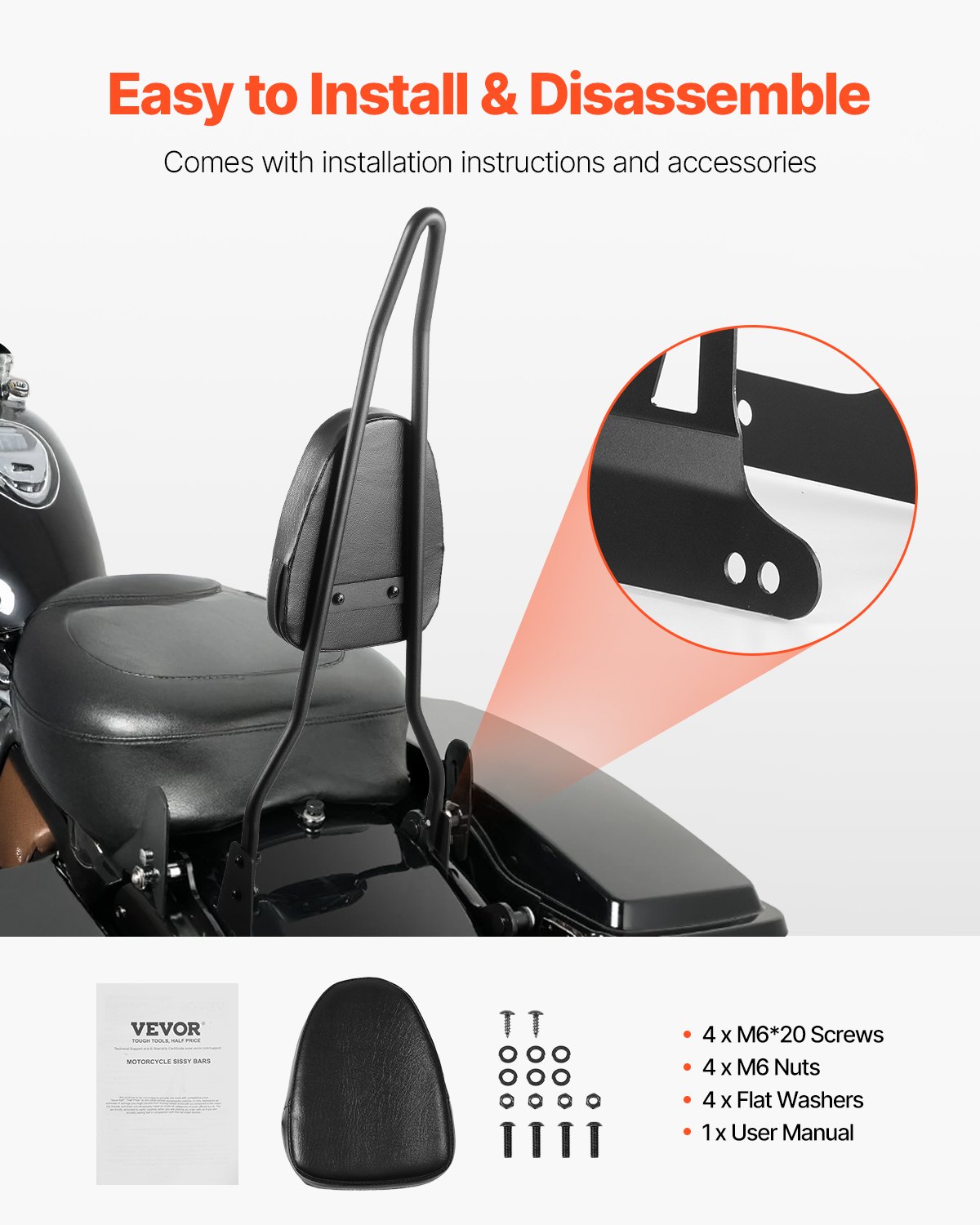 VEVOR Oparcie dla pasażera motocykla Sissy Bar kompatybilne z Dyna Street Glide Road Glide Road King, 73 cm wysokie, odpinane oparcie dla pasażera motocykla, czarne