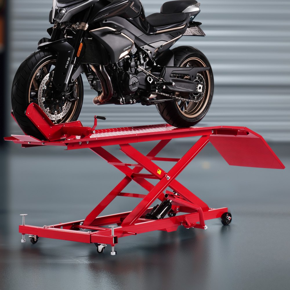 Podnośnik motocyklowy VEVOR hydrauliczny do motocykli (maks. wysokość podnoszenia 787 mm), stojak podnoszący, stojak do naprawy rowerów (nośność 453,59 kg) z blokadą bezpieczeństwa do pojazdów terenowych i motocykli crossowych