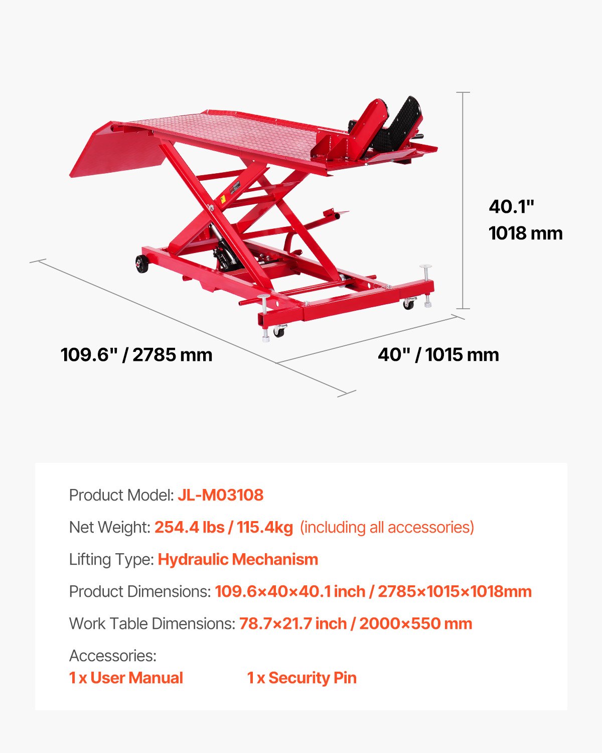 Podnośnik motocyklowy VEVOR hydrauliczny do motocykli (maks. wysokość podnoszenia 787 mm), stojak podnoszący, stojak do naprawy rowerów (nośność 453,59 kg) z blokadą bezpieczeństwa do pojazdów terenowych i motocykli crossowych