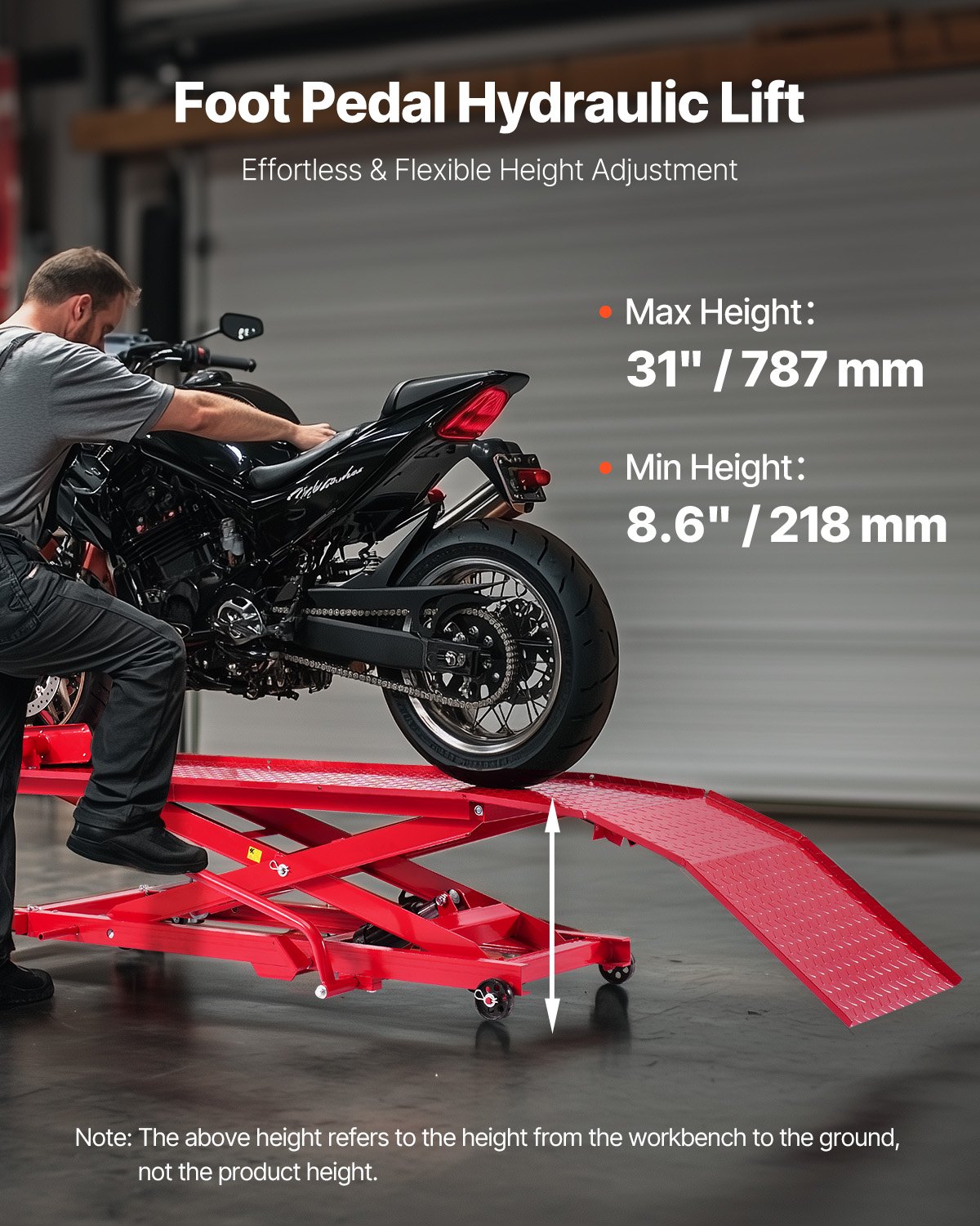 Podnośnik motocyklowy VEVOR hydrauliczny do motocykli (maks. wysokość podnoszenia 787 mm), stojak podnoszący, stojak do naprawy rowerów (nośność 453,59 kg) z blokadą bezpieczeństwa do pojazdów terenowych i motocykli crossowych