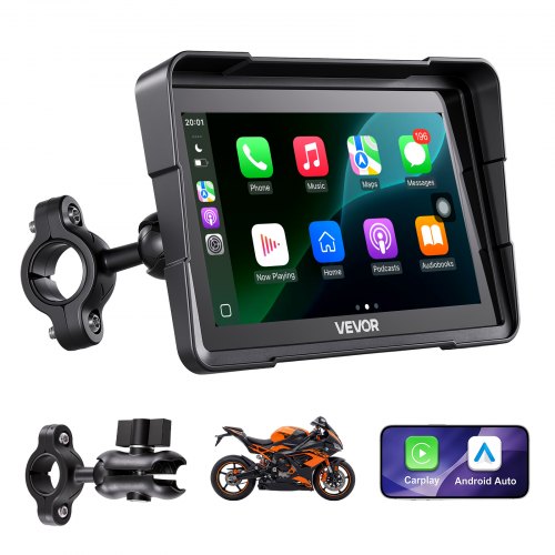 System nawigacyjny VEVOR dla motocykli z 7-calowym wyświetlaczem i obsługą Apple CarPlay i Android Auto w kolorze czarnym, do motocykli drogowych, cruiserów, motocykli turystycznych i quadów, z podwójnym Bluetooth, wodoodpornością IP67 i uchwytem montażowym w zestawie