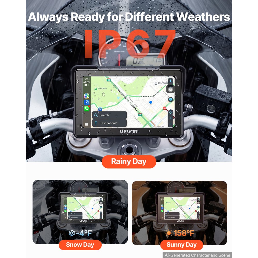 System nawigacyjny VEVOR dla motocykli z 7-calowym wyświetlaczem i obsługą Apple CarPlay i Android Auto w kolorze czarnym, do motocykli drogowych, cruiserów, motocykli turystycznych i quadów, z podwójnym Bluetooth, wodoodpornością IP67 i uchwytem montażowym w zestawie