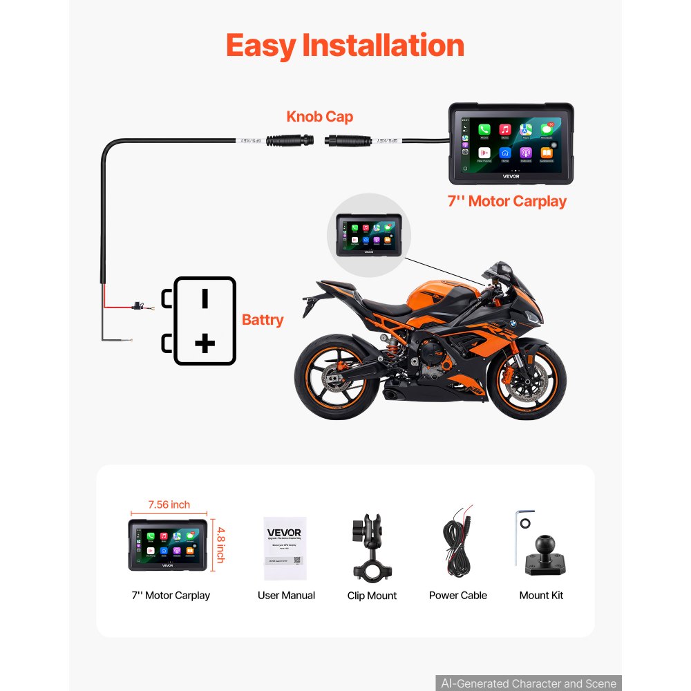 System nawigacyjny VEVOR dla motocykli z 7-calowym wyświetlaczem i obsługą Apple CarPlay i Android Auto w kolorze czarnym, do motocykli drogowych, cruiserów, motocykli turystycznych i quadów, z podwójnym Bluetooth, wodoodpornością IP67 i uchwytem montażowym w zestawie