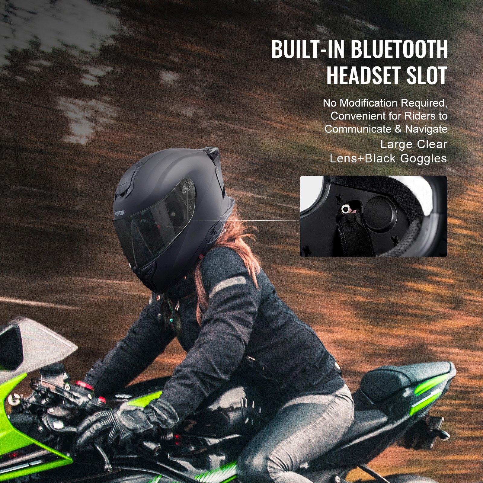 Kask motocyklowy VEVOR Kask motocrossowy Kask integralny Rozmiar XL, Kask ABS z gniazdem Bluetooth i wymiennymi soczewkami, Zatwierdzony przez DOT, wygodny kask motocrossowy, dla młodzieży i dorosłych, Czarny