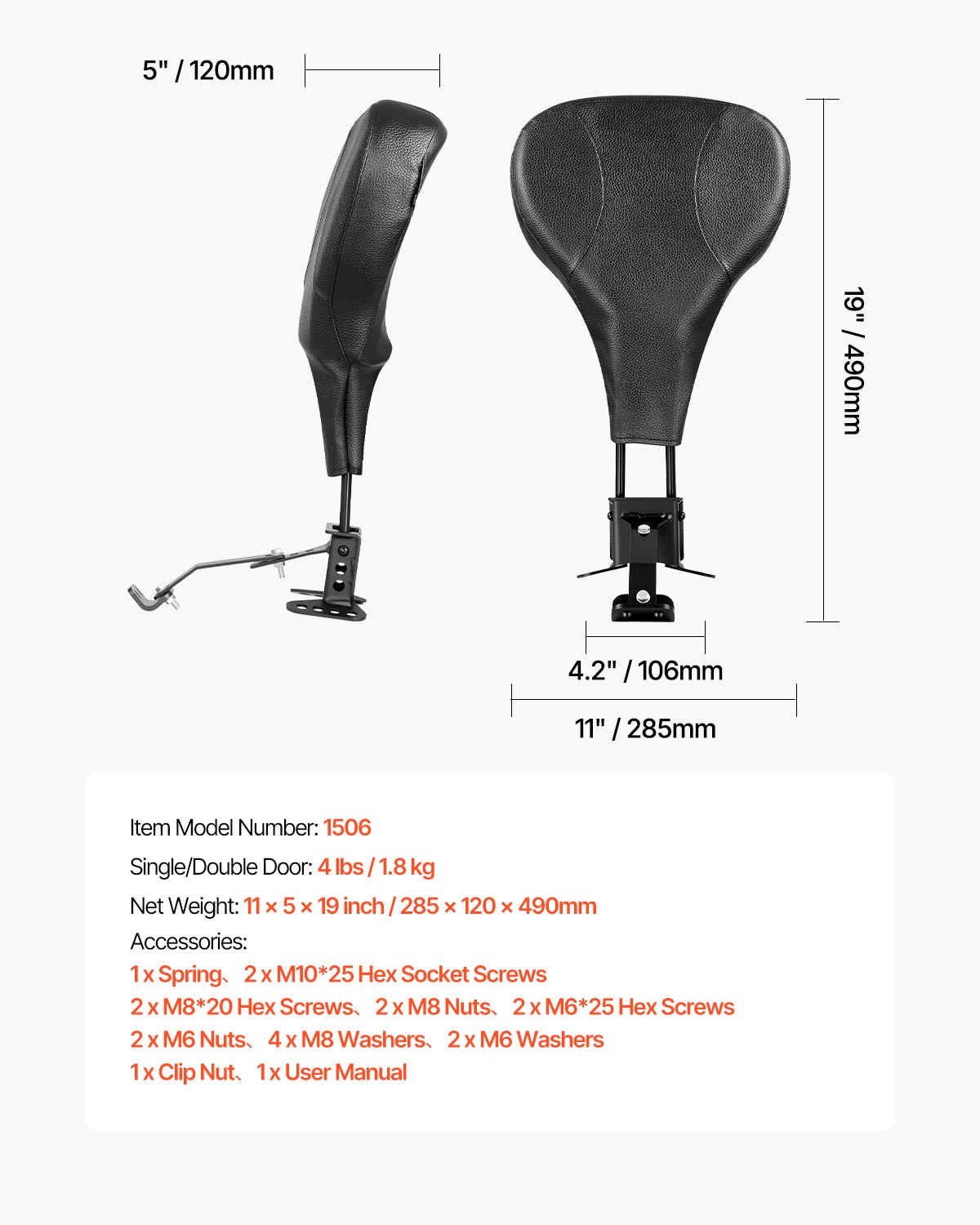 Oparcie motocyklowe Sissy Bar VEVOR kompatybilne z modelami Harley Touring 2009-2024 z jednoczęściowym siedziskiem z otworami, Street Glide Road Glide Road King, regulowanym na wysokość i zdejmowanym oparciem kierowcy