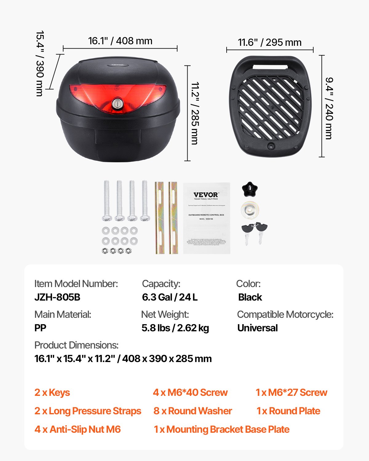 VEVOR Kufer motocyklowy 24L z tyłu wykonany z materiału PP z panelem odblaskowym, wodoodporny i wyjmowany kufer motocyklowy z podstawą z wieloma otworami na kask (408 x 390 x 285 mm)