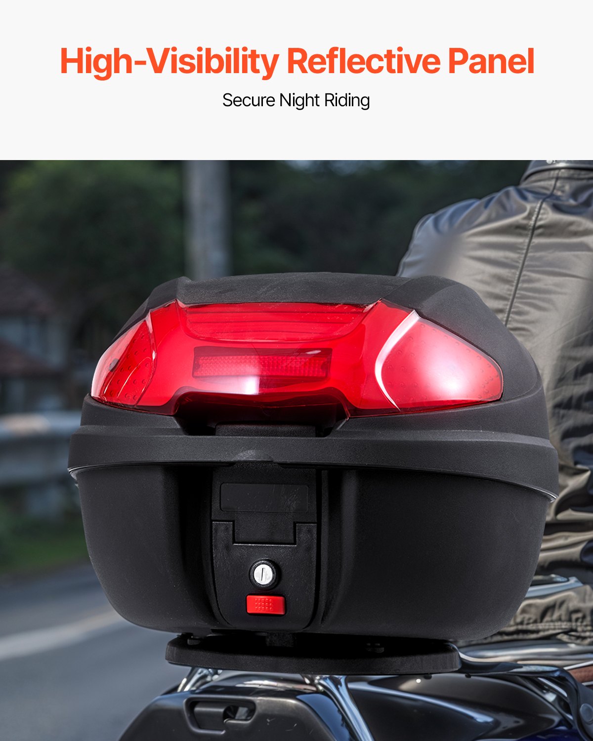 VEVOR Kufer motocyklowy górny 38L wykonany z materiału PP z panelem odblaskowym, wodoodporny i wyjmowany kufer motocyklowy górny z podstawą z wieloma otworami na kask (415 x 395 x 305 mm)