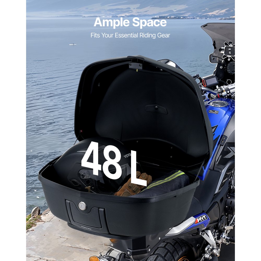 VEVOR Kufer motocyklowy 48L z tyłu wykonany z materiału PP z poduszką tylną, wodoodporny i wyjmowany kufer motocyklowy z podstawą z wieloma otworami, czarny (565 x 500 x 380 mm)