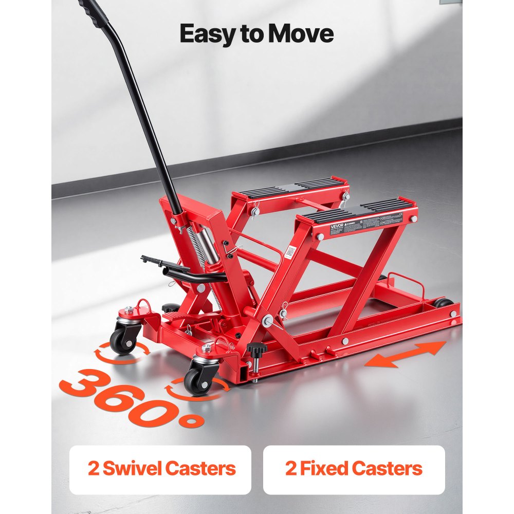 Podnośnik hydrauliczny do motocykli VEVOR, do 680 kg, regulowana wysokość 115–385 mm, platforma podnosząca z 4 kołami i sterowaniem nożnym, idealny do quadów, motocykli terenowych i motocykli ulicznych, kolor czerwony
