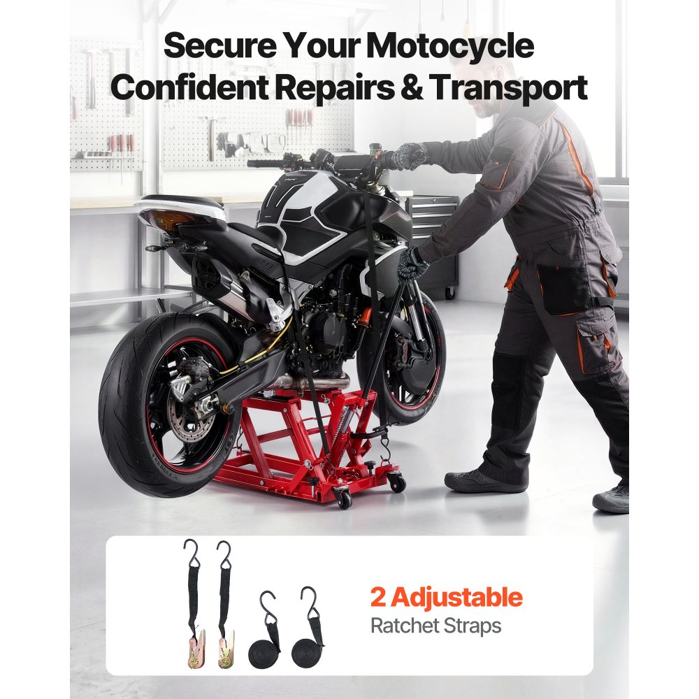 Podnośnik hydrauliczny do motocykli VEVOR, do 680 kg, regulowana wysokość 115–385 mm, platforma podnosząca z 4 kołami i sterowaniem nożnym, idealny do quadów, motocykli terenowych i motocykli ulicznych, kolor czerwony