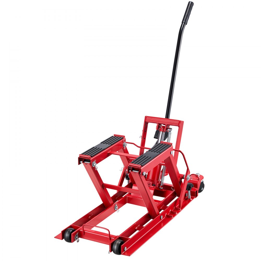 Podnośnik hydrauliczny do motocykli VEVOR, do 680 kg, regulowana wysokość 115–385 mm, platforma podnosząca z 4 kołami i sterowaniem nożnym, idealny do quadów, motocykli terenowych i motocykli ulicznych, kolor czerwony
