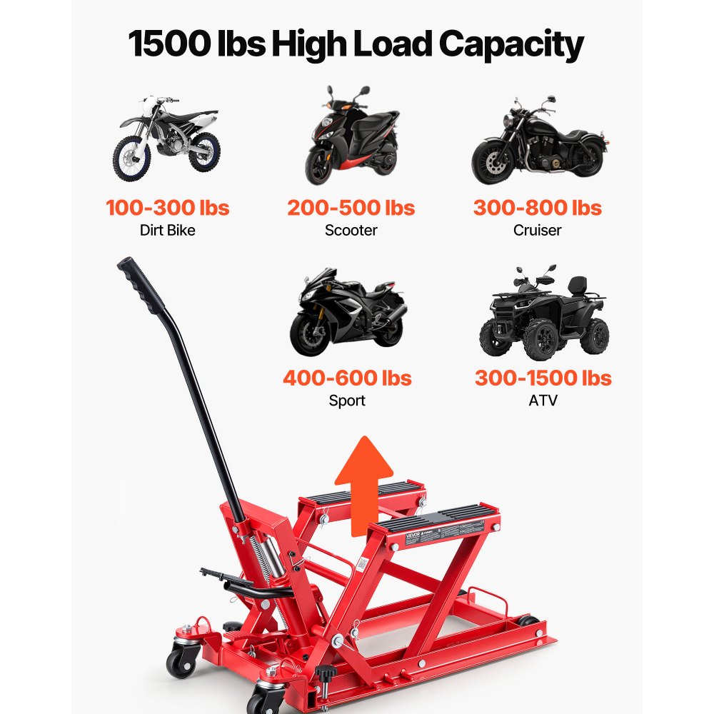 Podnośnik hydrauliczny do motocykli VEVOR, do 680 kg, regulowana wysokość 115–385 mm, platforma podnosząca z 4 kołami i sterowaniem nożnym, idealny do quadów, motocykli terenowych i motocykli ulicznych, kolor czerwony