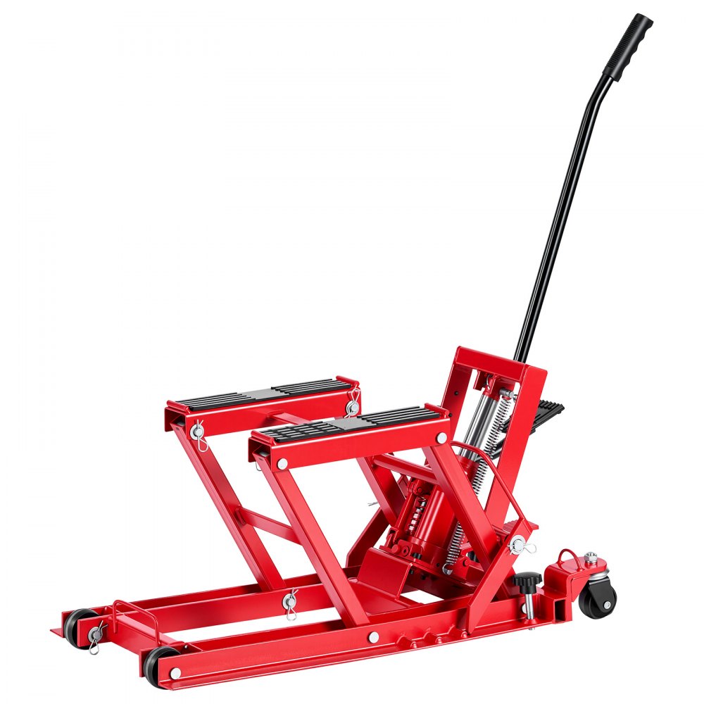 Podnośnik hydrauliczny do motocykli VEVOR, do 680 kg, regulowana wysokość 115–385 mm, platforma podnosząca z 4 kołami i sterowaniem nożnym, idealny do quadów, motocykli terenowych i motocykli ulicznych, kolor czerwony
