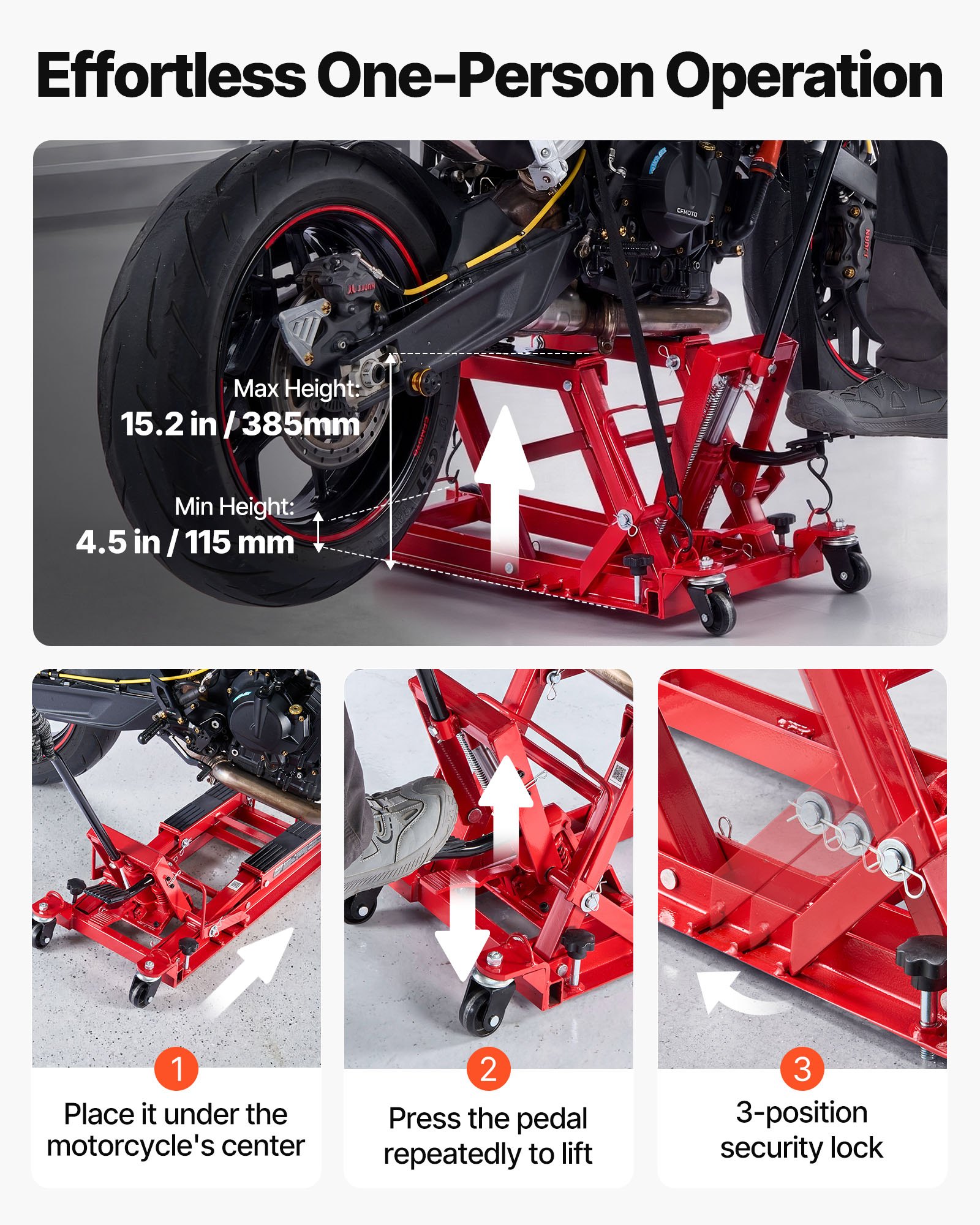 Podnośnik hydrauliczny do motocykli VEVOR, do 680 kg, regulowana wysokość 115–385 mm, platforma podnosząca z 4 kołami i sterowaniem nożnym, idealny do quadów, motocykli terenowych i motocykli ulicznych, kolor czerwony