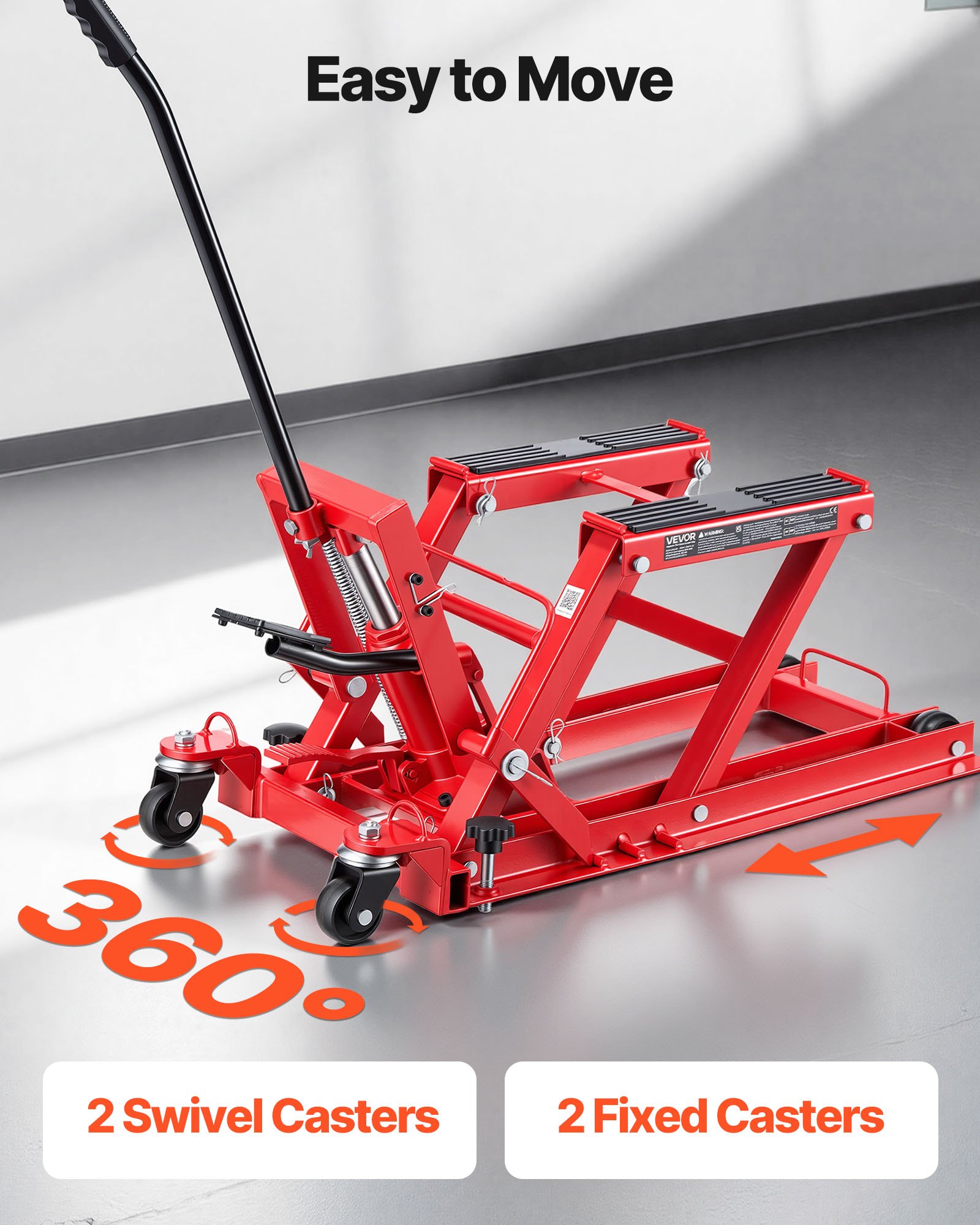 Podnośnik hydrauliczny do motocykli VEVOR, do 680 kg, regulowana wysokość 115–385 mm, platforma podnosząca z 4 kołami i sterowaniem nożnym, idealny do quadów, motocykli terenowych i motocykli ulicznych, kolor czerwony