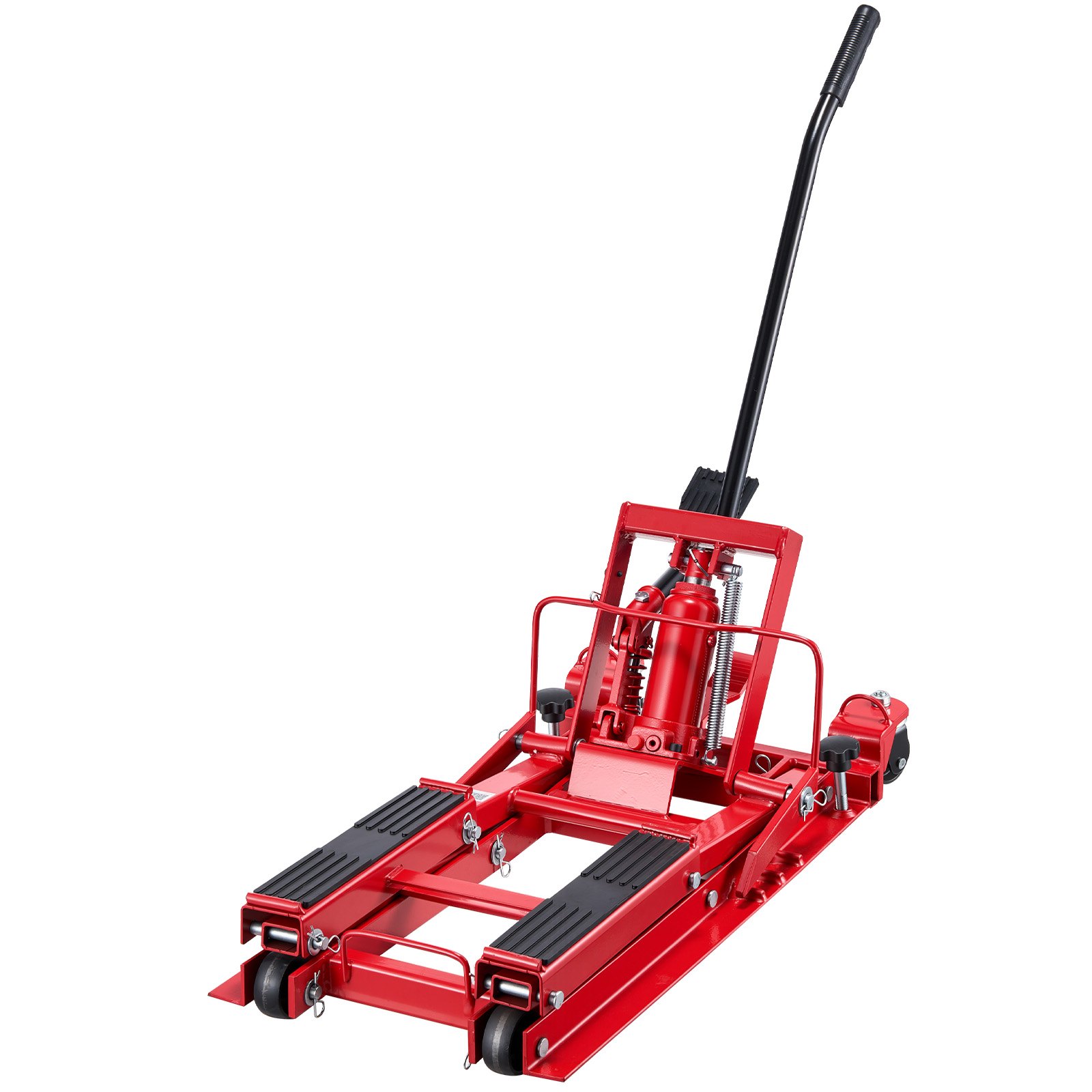 Podnośnik hydrauliczny do motocykli VEVOR, do 680 kg, regulowana wysokość 115–385 mm, platforma podnosząca z 4 kołami i sterowaniem nożnym, idealny do quadów, motocykli terenowych i motocykli ulicznych, kolor czerwony
