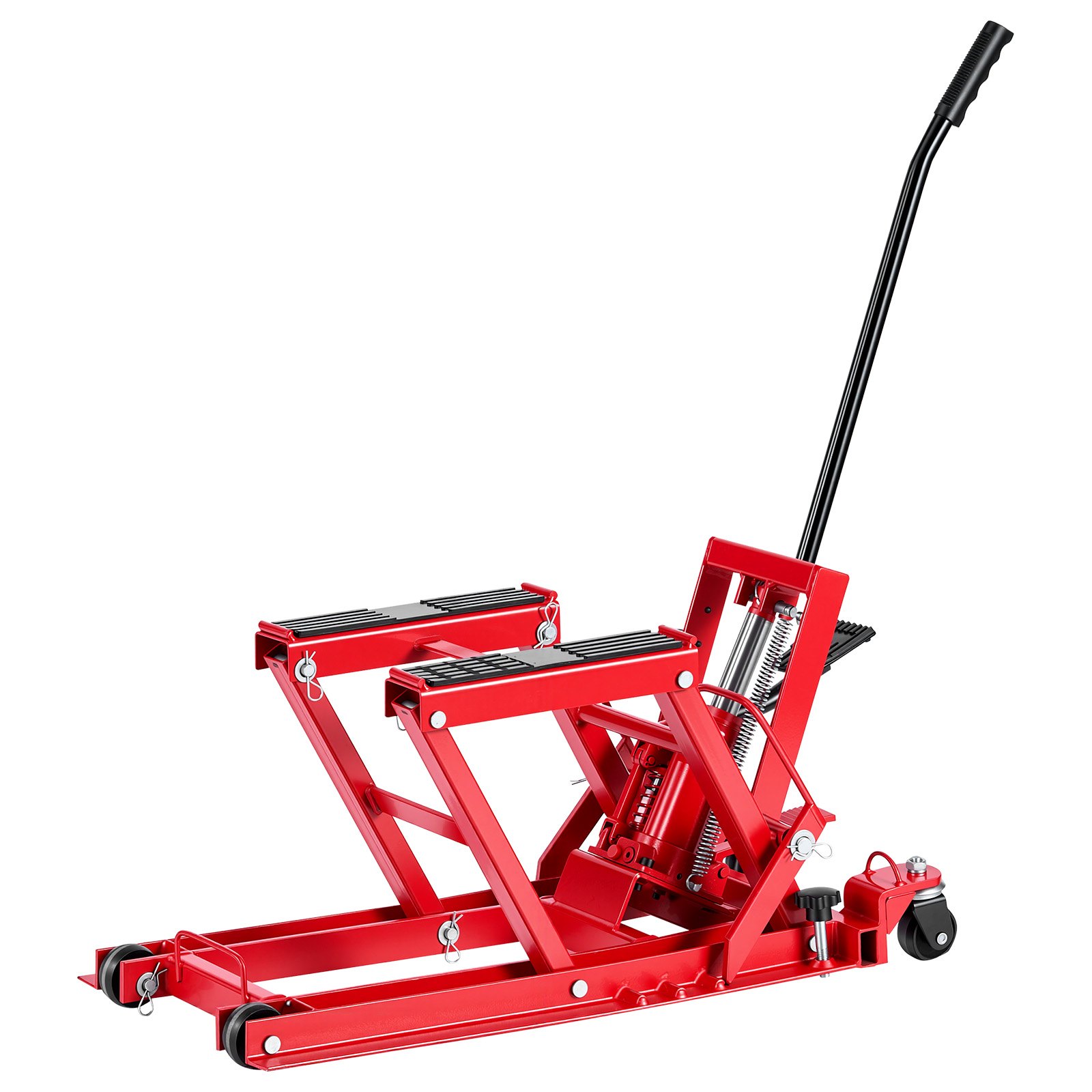Podnośnik hydrauliczny do motocykli VEVOR, do 680 kg, regulowana wysokość 115–385 mm, platforma podnosząca z 4 kołami i sterowaniem nożnym, idealny do quadów, motocykli terenowych i motocykli ulicznych, kolor czerwony