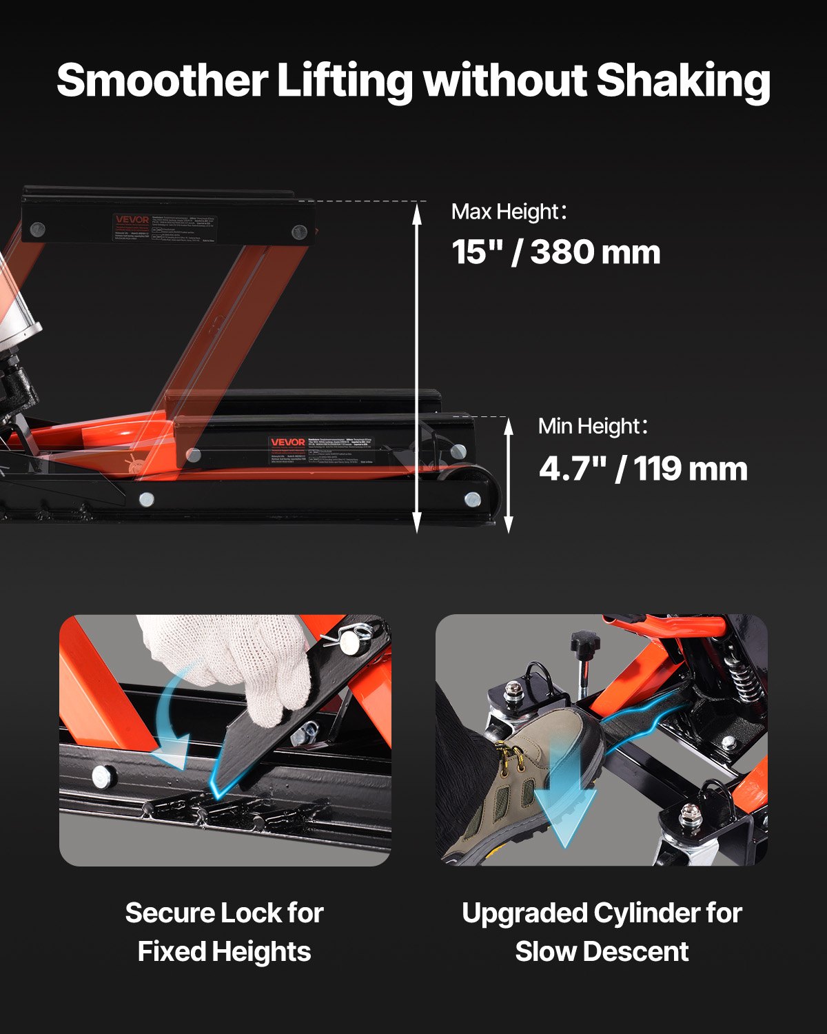 Podnośnik motocyklowy VEVOR Hydrauliczny i pneumatyczny, z możliwością przesuwania, z zakresem wysokości 119-381 mm, podnośnik do naprawy rowerów (nośność 680 kg) ze zdejmowaną rampą