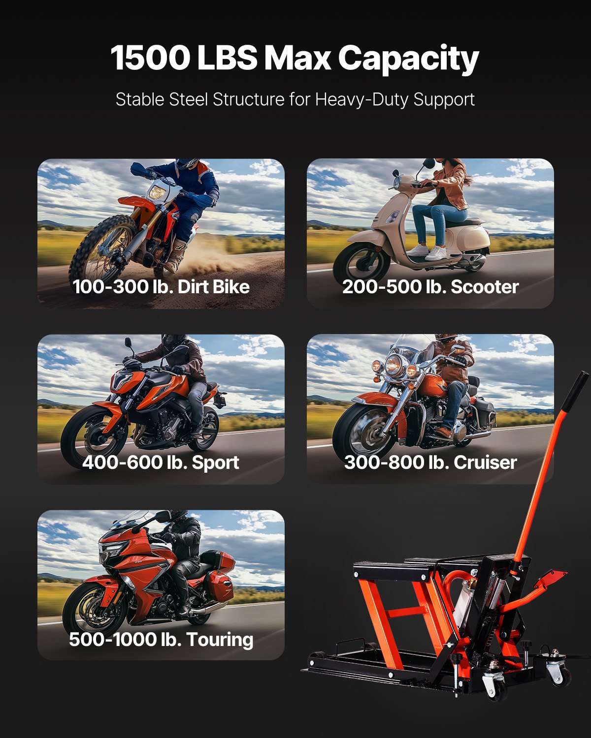 Podnośnik motocyklowy VEVOR Hydrauliczny i pneumatyczny, z możliwością przesuwania, z zakresem wysokości 119-381 mm, podnośnik do naprawy rowerów (nośność 680 kg) ze zdejmowaną rampą