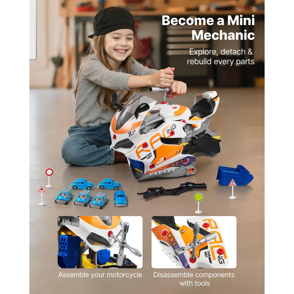 VEVOR Motorcycle Engine Toy, 25 Pieces, Motorcycle Mechanic Toy with Removable Parts, Lights & Sounds, Simulated Riding & Track Racing, Kids Mechanic Workshop Set for Toddler 3 Years and Up, Yellow