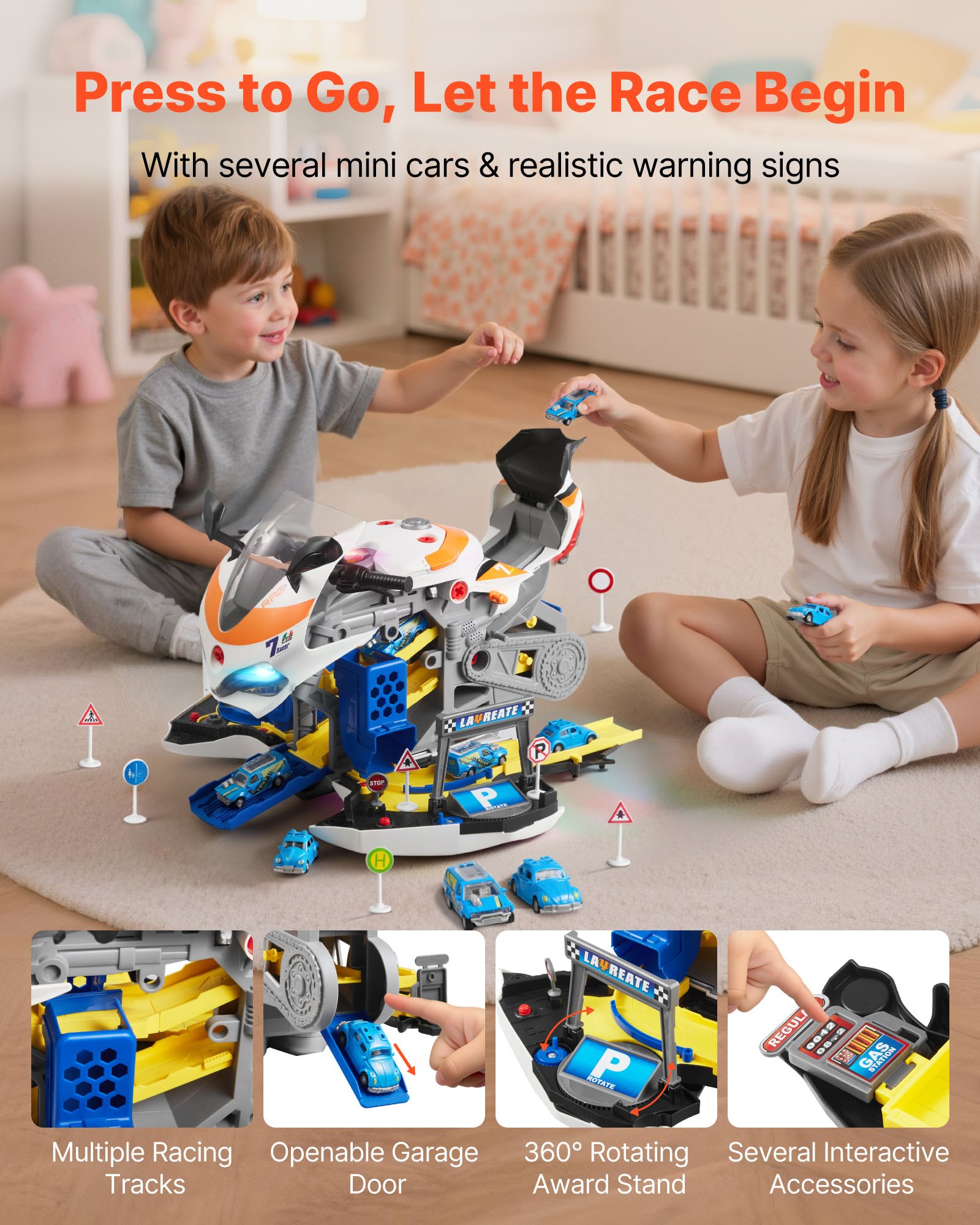 VEVOR Motorcycle Engine Toy, 25 Pieces, Motorcycle Mechanic Toy with Removable Parts, Lights & Sounds, Simulated Riding & Track Racing, Kids Mechanic Workshop Set for Toddler 3 Years and Up, Yellow