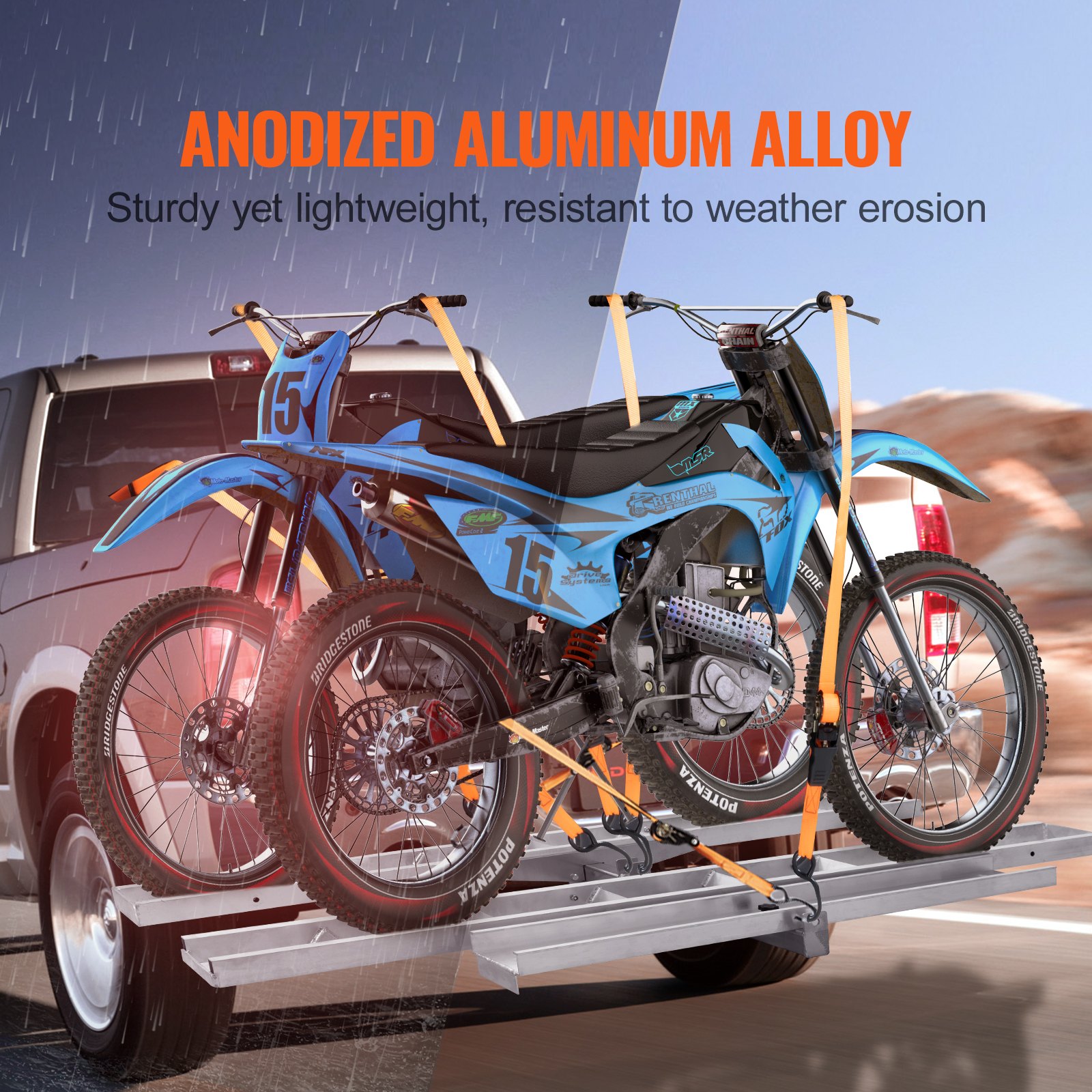 Bagażnik motocyklowy VEVOR, aluminiowy uchwyt na 2 motocykle o udźwigu 272 kg, mocowany na haku, rampa załadunkowa, holowanie przyczepy skutera lub motocykla terenowego, pasy zapadkowe i stabilizator, do samochodu osobowego i ciężarowego