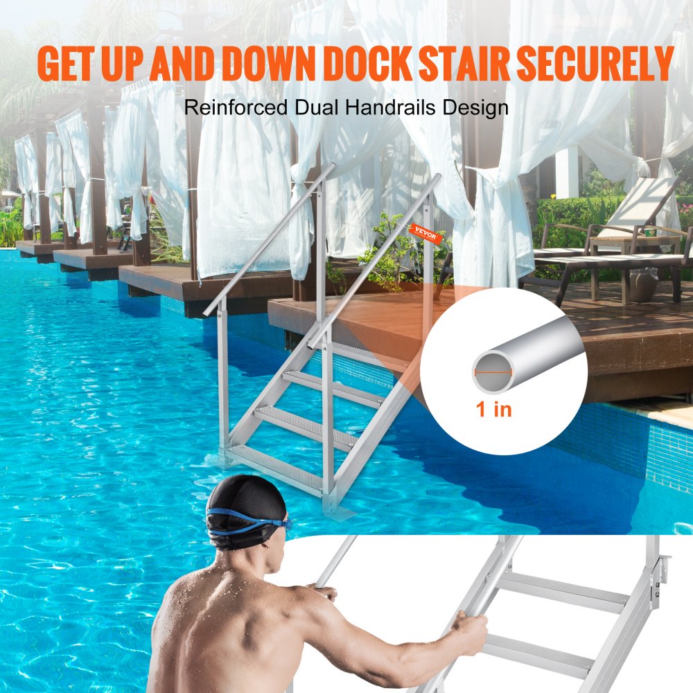 VEVOR 4-step bathing ladder with two handrails, boat ladder 800x1850x1750mm, pool ladder made of aluminum alloy, step ladder, 250kg load capacity, 55x10cm pedals, ideal for harbors, boats, swimming pools