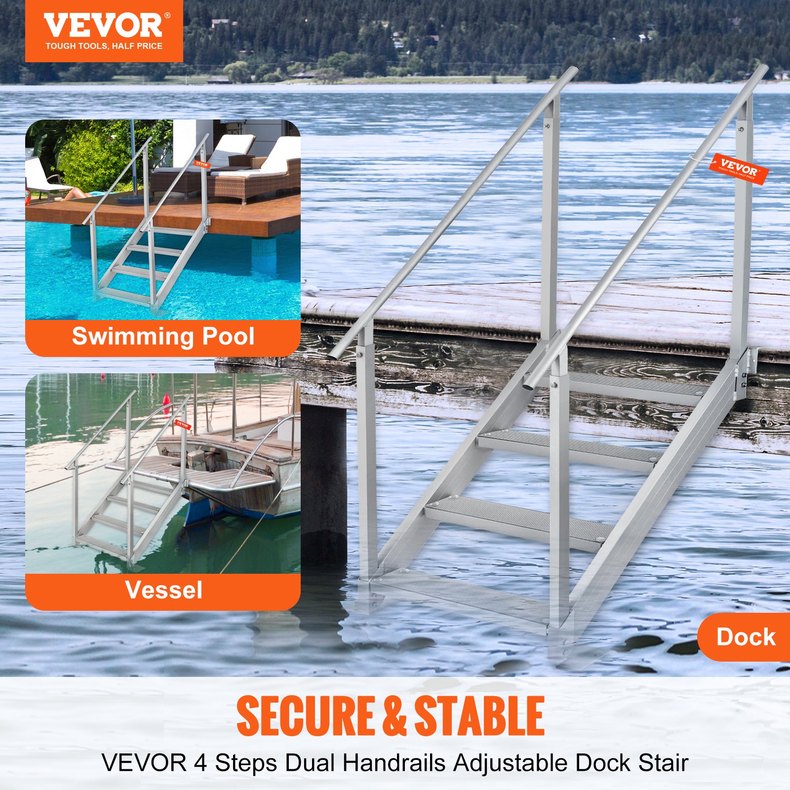 VEVOR 4-step bathing ladder with two handrails, boat ladder 800x1850x1750mm, pool ladder made of aluminum alloy, step ladder, 250kg load capacity, 55x10cm pedals, ideal for harbors, boats, swimming pools