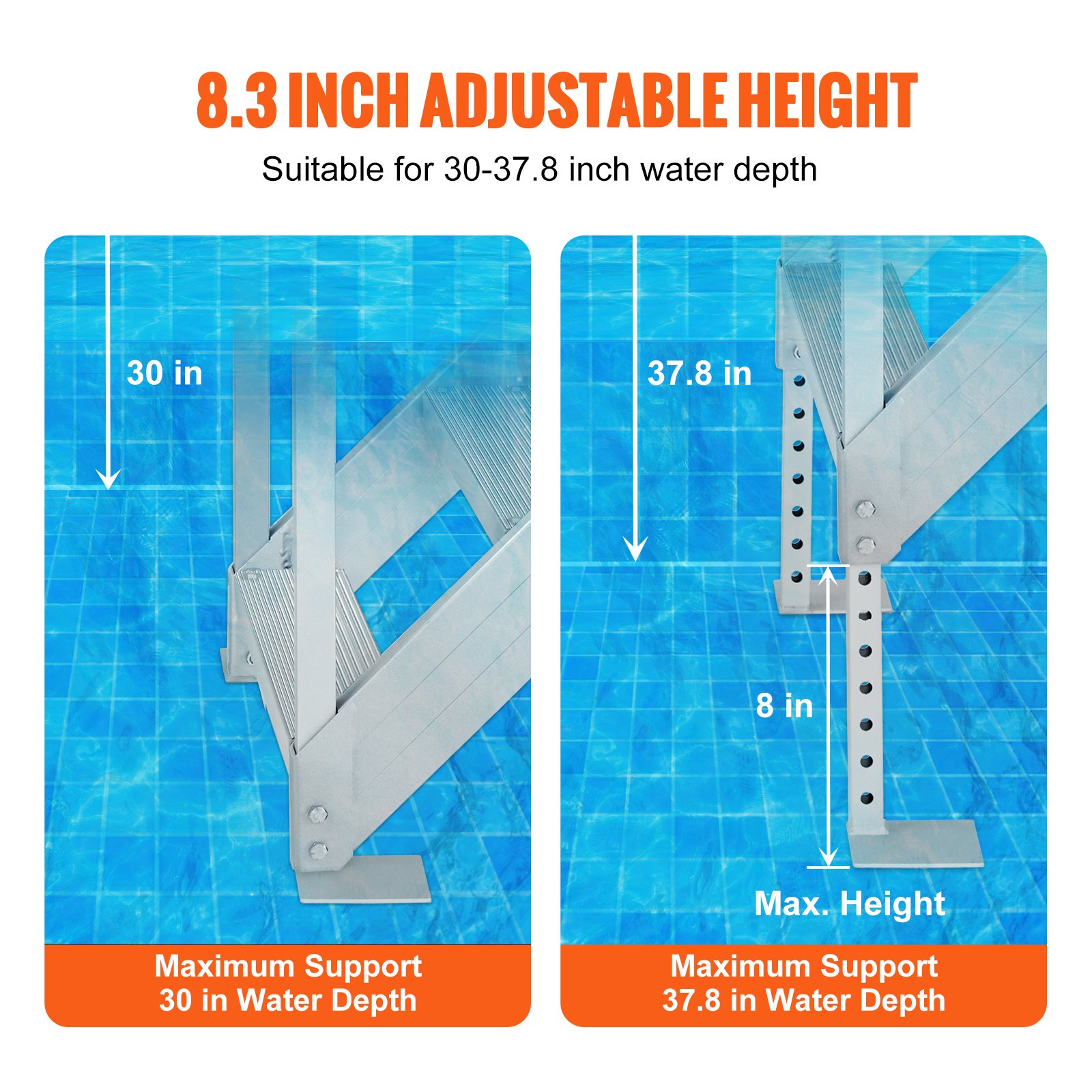 VEVOR 4-step bathing ladder with two handrails, boat ladder 800x1850x1750mm, pool ladder made of aluminum alloy, step ladder, 250kg load capacity, 55x10cm pedals, ideal for harbors, boats, swimming pools