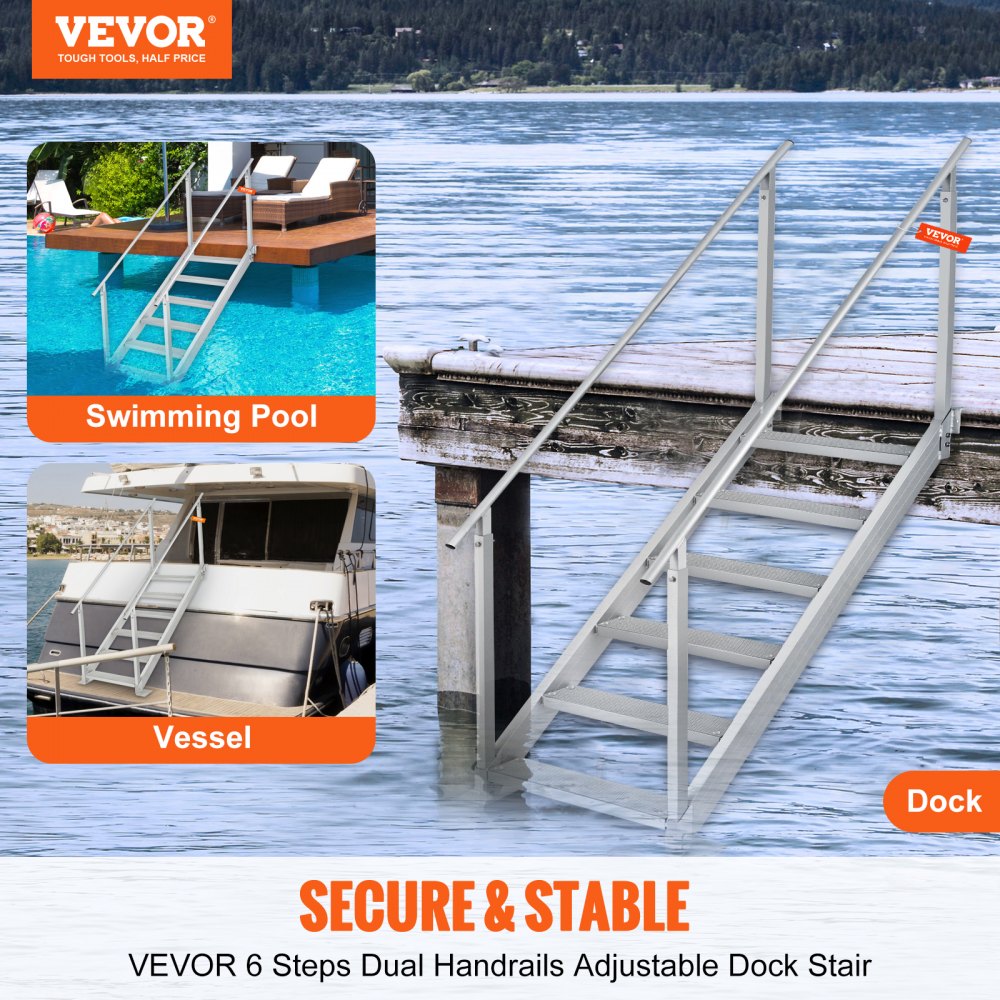 VEVOR 6-stopniowa drabinka do pływania z dwoma poręczami, drabinka do łodzi 800x1850x2092mm, drabinka do basenu wykonana ze stopu aluminium, drabinka o nośności 250 kg, pedały 10 cm, idealna do portów, łodzi, basenów