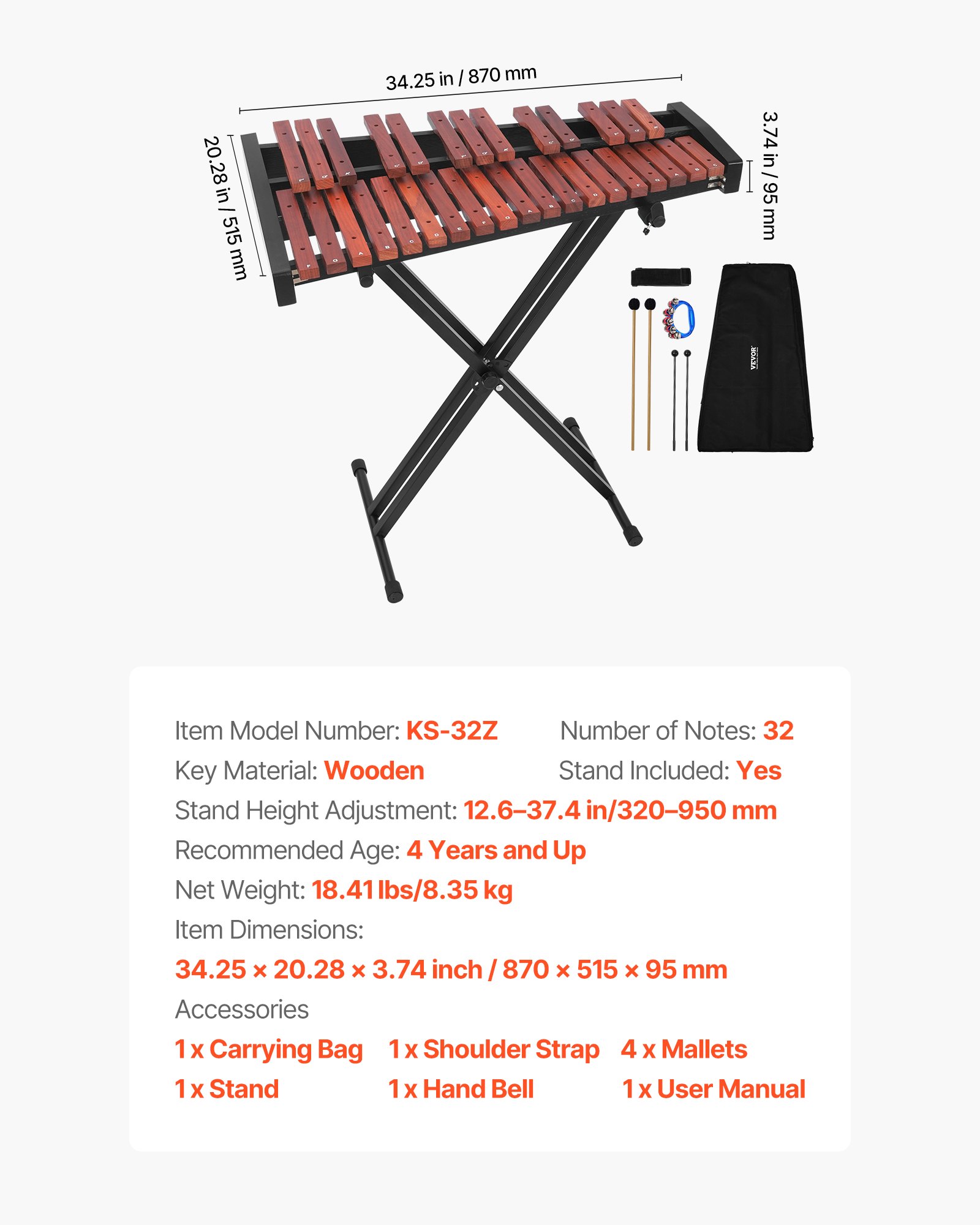 VEVOR Glockenspiel, 32 nuty, profesjonalny drewniany instrument perkusyjny z ksylofonem, ze stojakiem ze stali węglowej o regulowanej wysokości, 4 pałeczki, torba transportowa, zestaw instrumentów muzycznych dla początkujących