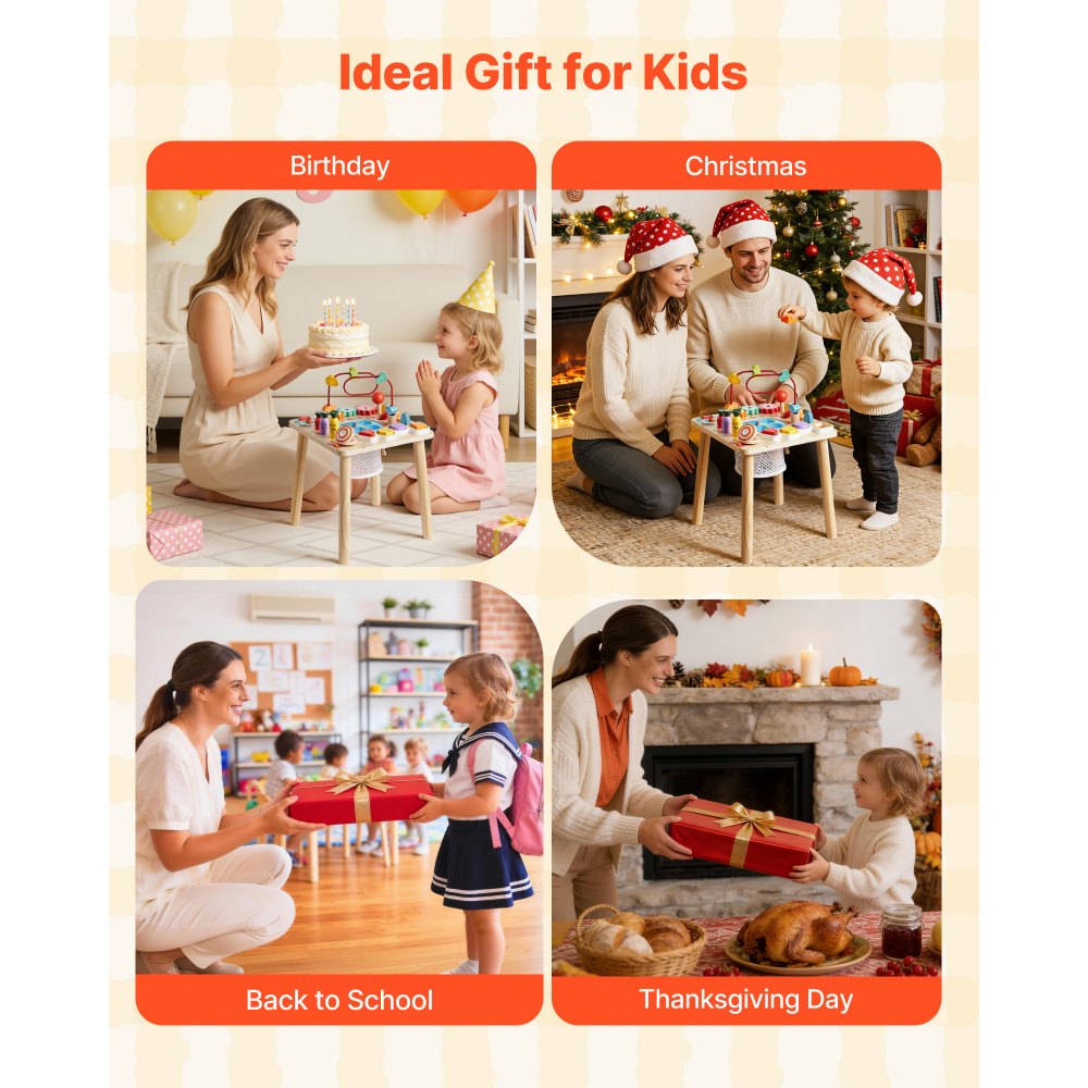 VEVOR Drewniany stół do zabawy, zabawka Montessori, stół do nauki 8 w 1, stół do zabawy dla dzieci od 6 miesięcy, idealny prezent na urodziny, Boże Narodzenie lub Dzień Dziecka, 6-36 miesięcy