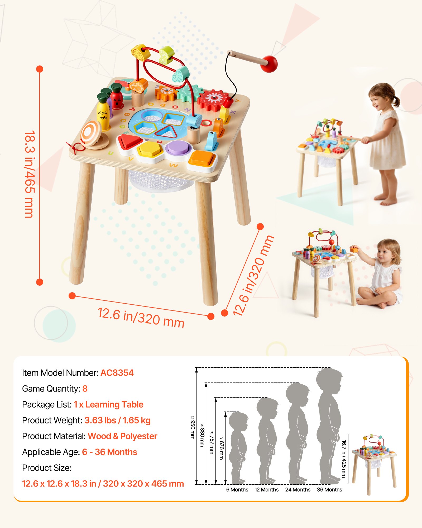 VEVOR Drewniany stół do zabawy, zabawka Montessori, stół do nauki 8 w 1, stół do zabawy dla dzieci od 6 miesięcy, idealny prezent na urodziny, Boże Narodzenie lub Dzień Dziecka, 6-36 miesięcy