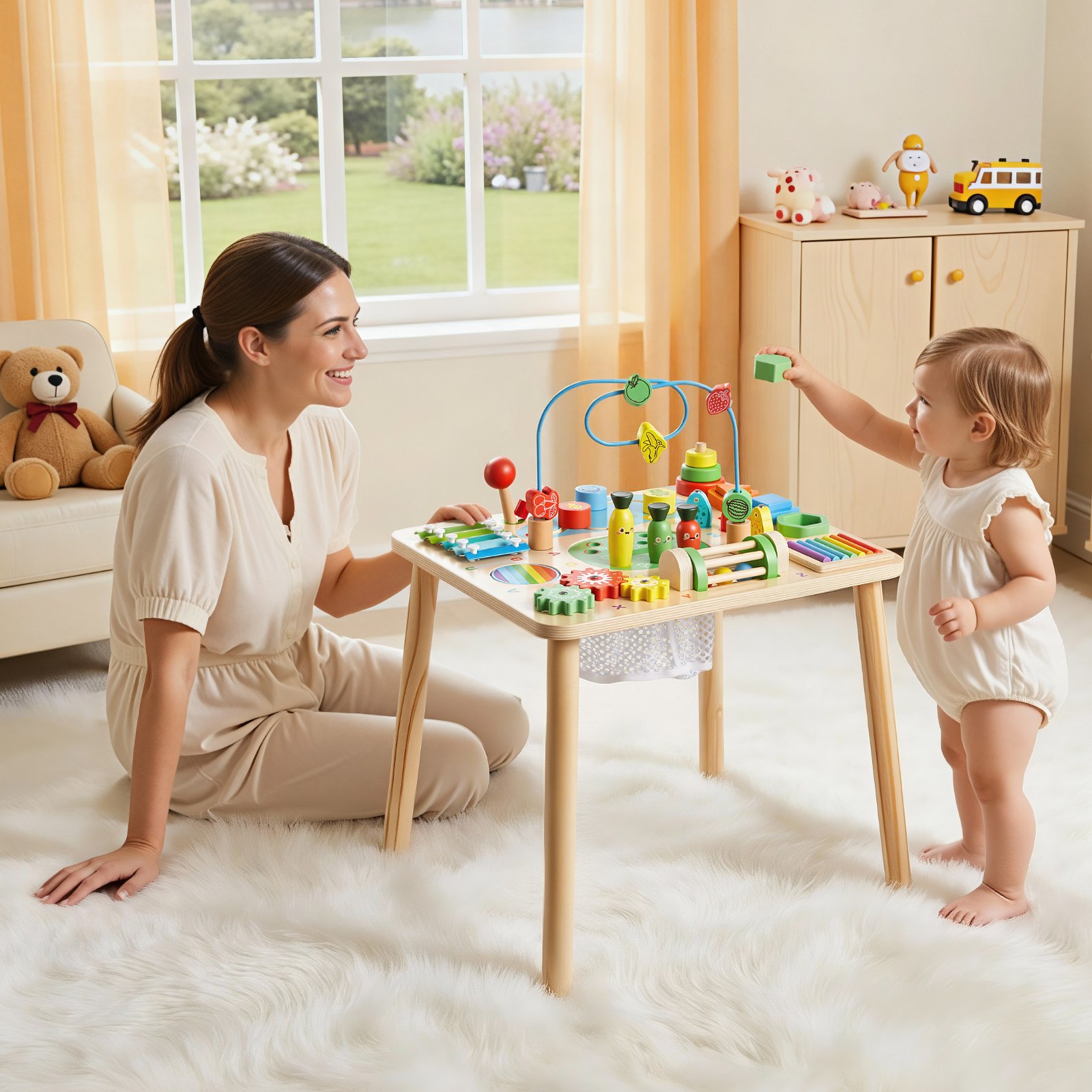 VEVOR Drewniany stół do zabawy, zabawka Montessori, stół do nauki 13 w 1, stół do zabawy dla dzieci od 6 miesięcy, idealny prezent na urodziny, Boże Narodzenie lub Dzień Dziecka, 6-36 miesięcy