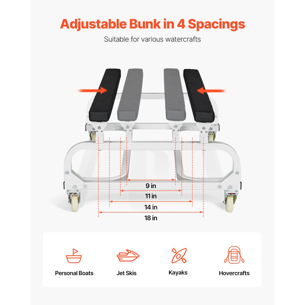 Wózek do skuterów wodnych VEVOR o udźwigu 590 kg, wózek na łódź, wózek transportowy do przemieszczania jednostek pływających, regulowane łóżka piętrowe z 4 kółkami i 2 hamulcami, wytrzymały wózek do wodowania kajaków, skuterów wodnych, łodzi motorowych
