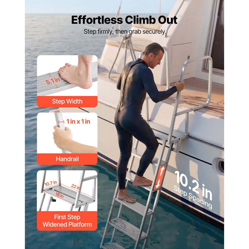 Składana drabina dokująca VEVOR, drabina do łodzi z 6 antypoślizgowymi stopniami, szerokimi pedałami i poręczą, udźwig 159 kg, aluminiowa drabina basenowa, drabina wejściowa do pomostów, basenów, jezior, jachtów, srebrna