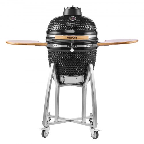 Grill ceramiczny VEVOR Kamado, wędzarnia Ø 450 mm, z drewnianymi uchwytami, bocznymi półkami, metalową podstawą z kółkami i termometrem do 400°C, górnym i dolnym nawiewem, do grillowania, gotowania i pieczenia na zewnątrz