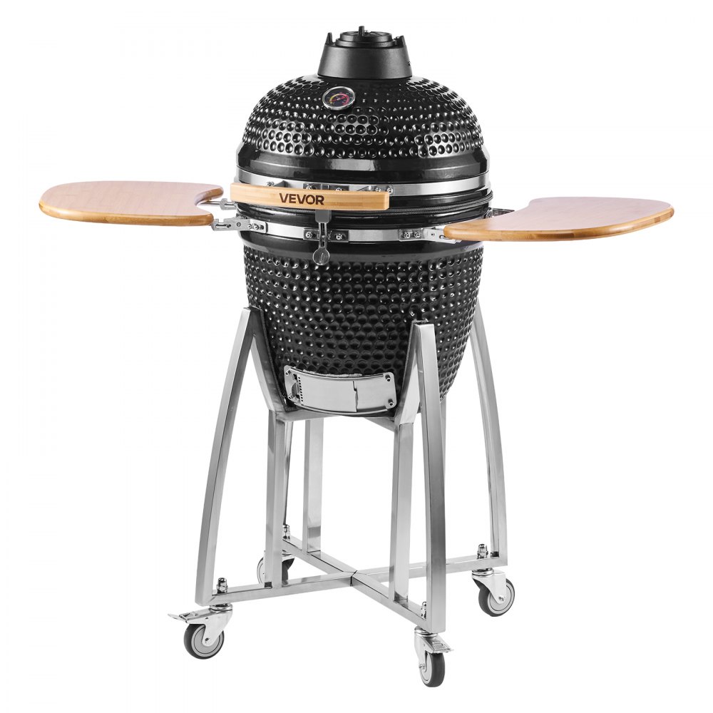 Grill ceramiczny VEVOR Kamado, wędzarnia Ø 450 mm, z drewnianymi uchwytami, bocznymi półkami, metalową podstawą z kółkami i termometrem do 400°C, górnym i dolnym nawiewem, do grillowania, gotowania i pieczenia na zewnątrz