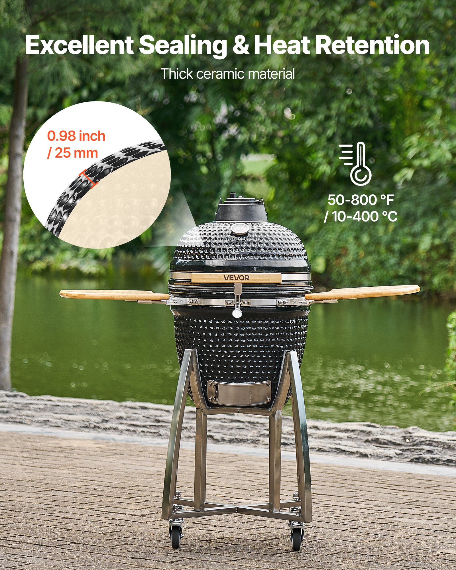 Grill ceramiczny VEVOR Kamado, wędzarnia Ø 450 mm, z drewnianymi uchwytami, bocznymi półkami, metalową podstawą z kółkami i termometrem do 400°C, górnym i dolnym nawiewem, do grillowania, gotowania i pieczenia na zewnątrz
