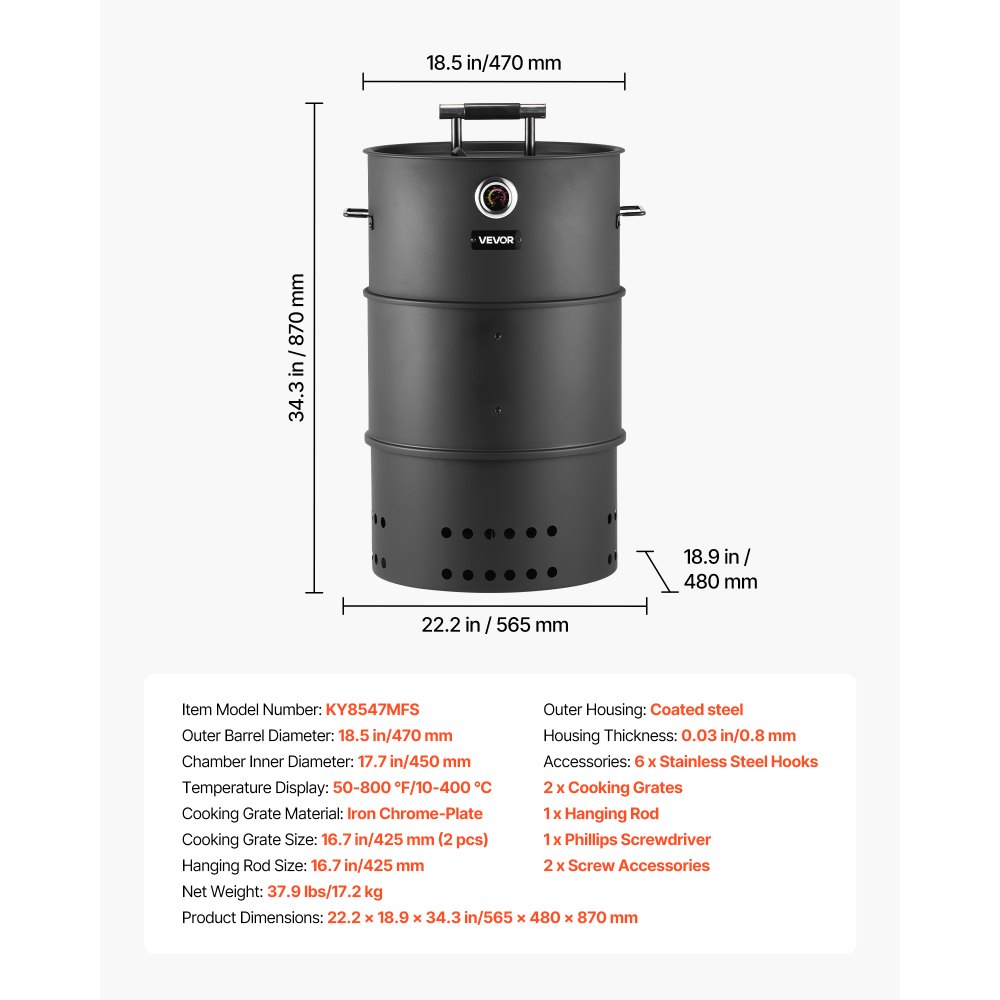 Wędzarnia VEVOR, 470 mm, grill węglowy, wędzarnia BBQ, beczka z powlekanej stali z 2 rusztami, 1 drążkiem do zawieszania, 6 haczykami i termometrem, idealna na imprezy, do ogrodu i na taras