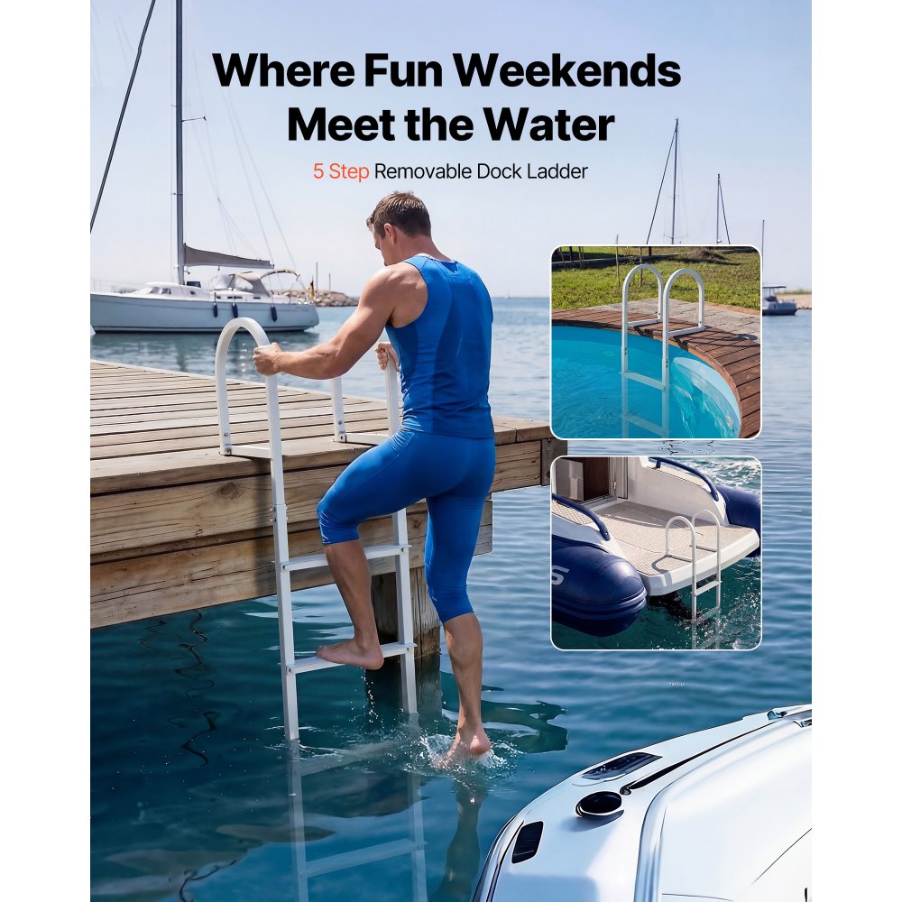 Drabina dokująca VEVOR, 5 odłączanych stopni, udźwig 227 kg, aluminiowa drabina do łodzi pontonowej ze stopniem o szerokości 8 cm i antypoślizgową matą gumową, do wchodzenia na pokład statków/jezior/basenów/oceanów