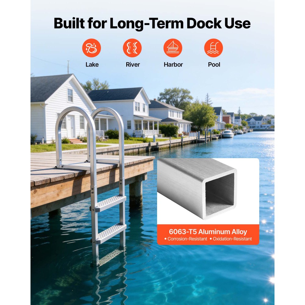 VEVOR Removable Dock Ladder, 3 Steps, Aluminum Alloy Pontoon Boat Swim Ladder, with Non-Slip Wide PP Steps, 227 kg Weight Capacity, Quick Release Design, for Lake Swimming, Pool, Marine Boarding