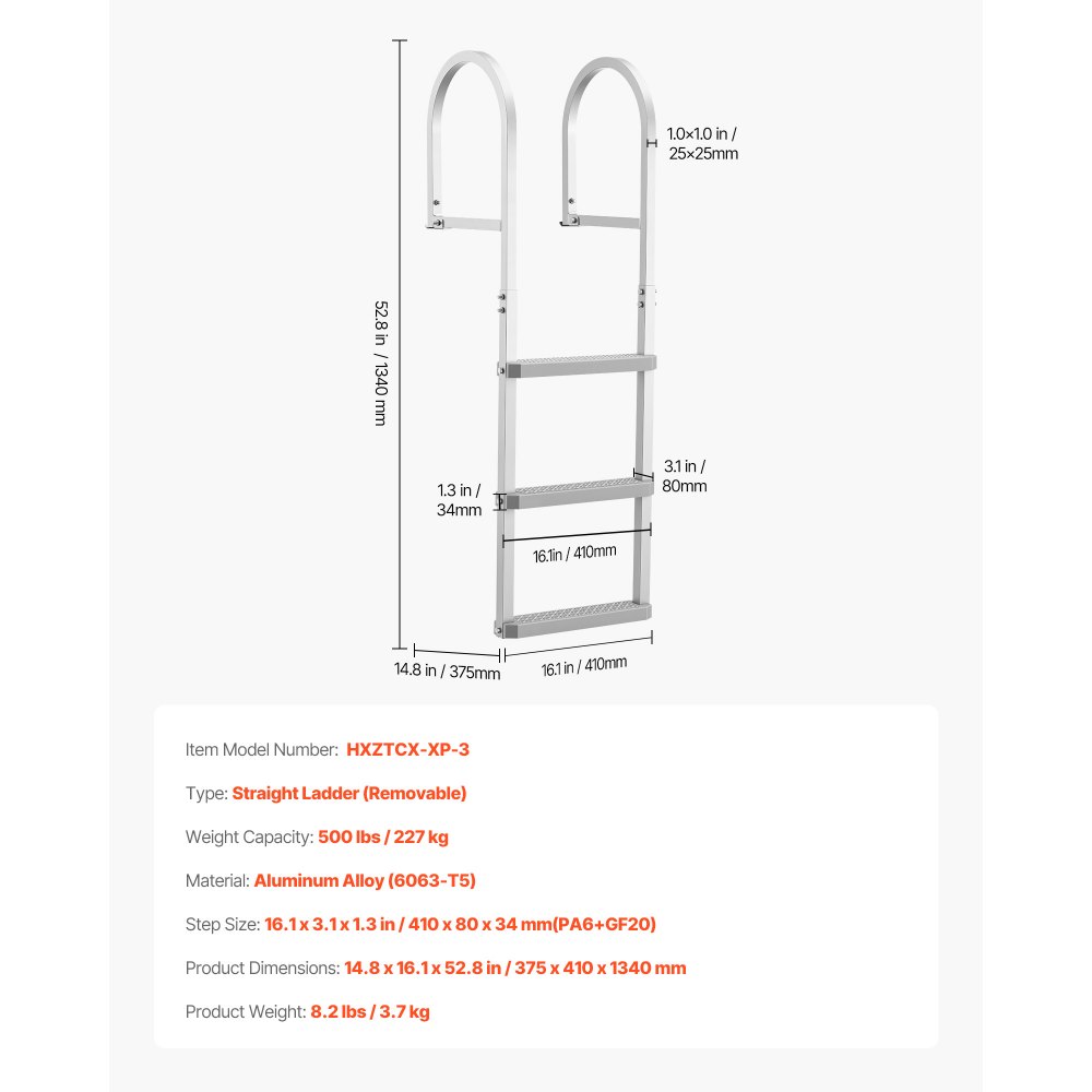 VEVOR Removable Dock Ladder, 3 Steps, Aluminum Alloy Pontoon Boat Swim Ladder, with Non-Slip Wide PP Steps, 227 kg Weight Capacity, Quick Release Design, for Lake Swimming, Pool, Marine Boarding