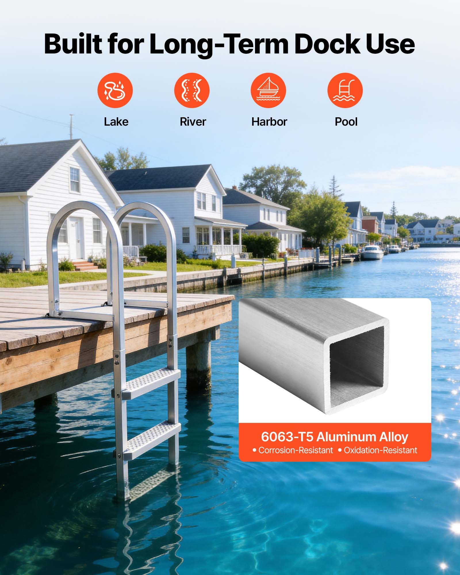 VEVOR Removable Dock Ladder, 3 Steps, Aluminum Alloy Pontoon Boat Swim Ladder, with Non-Slip Wide PP Steps, 227 kg Weight Capacity, Quick Release Design, for Lake Swimming, Pool, Marine Boarding