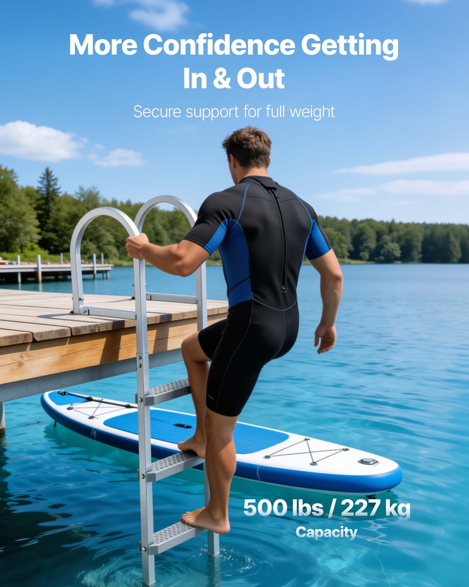 VEVOR Odłączana drabinka dokująca, drabinka do łodzi z 4 antypoślizgowymi stopniami, szerokimi pedałami i poręczą, drabinka basenowa o udźwigu 272 kg, wykonana ze stopu aluminium, drabinka wejściowa do pomostów, basenów, jezior i łodzi, srebrna