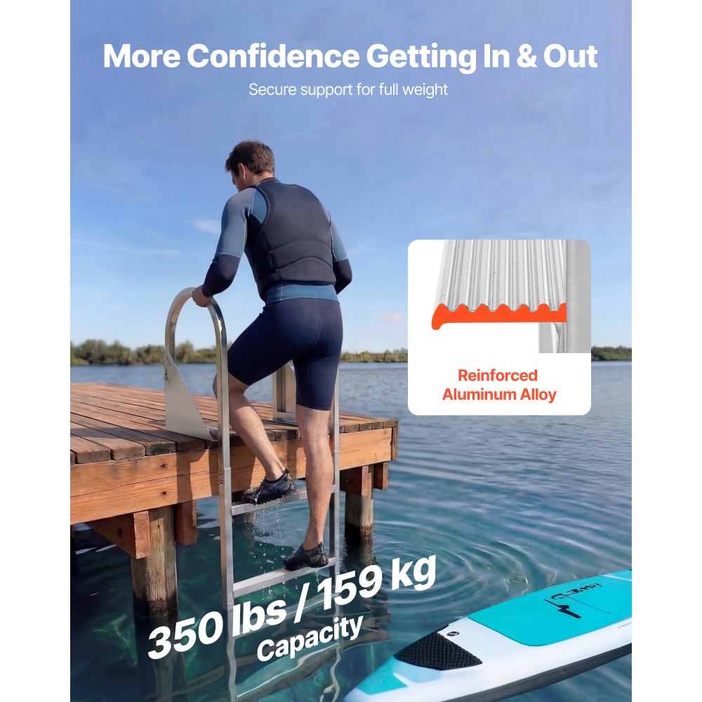 Składana drabina dokująca VEVOR, drabina do łodzi z 4 antypoślizgowymi stopniami, szerokimi pedałami i poręczą, drabina basenowa o udźwigu 159 kg, wykonana ze stopu aluminium, drabina wejściowa do pomostów, basenów, jezior i łodzi, srebrna