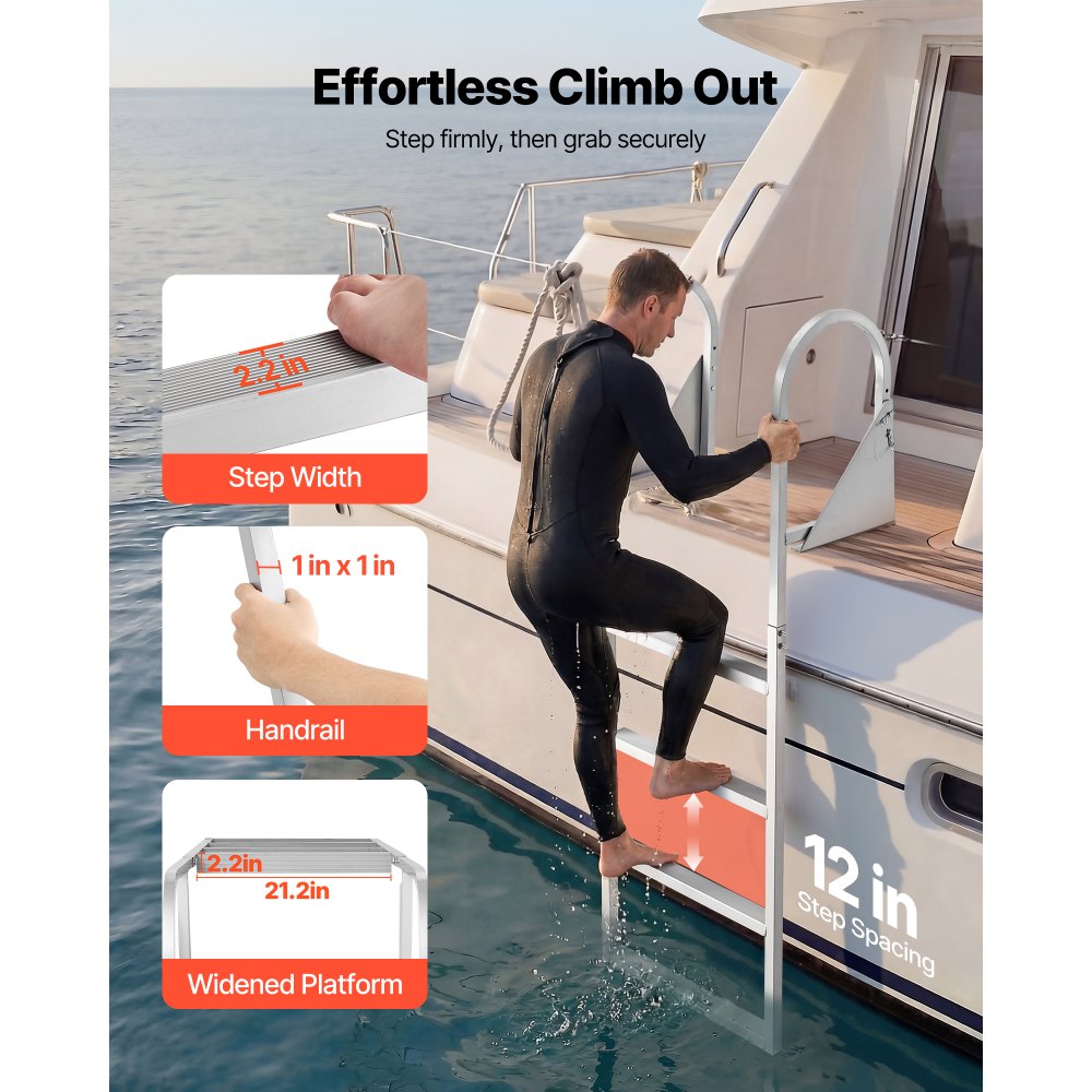 Składana drabina dokująca VEVOR, drabina do łodzi z 4 antypoślizgowymi stopniami, szerokimi pedałami i poręczą, drabina basenowa o udźwigu 159 kg, wykonana ze stopu aluminium, drabina wejściowa do pomostów, basenów, jezior i łodzi, srebrna