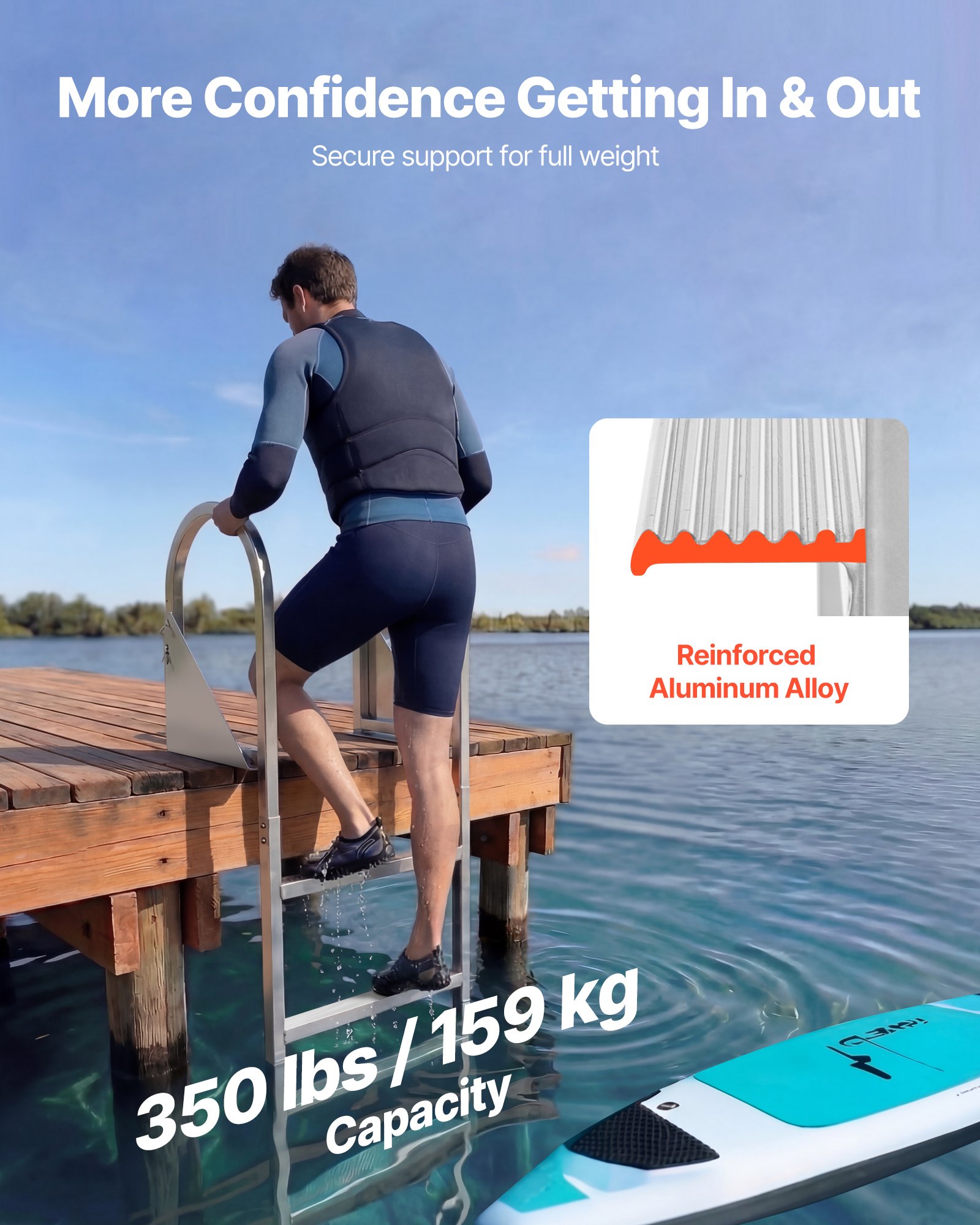 Składana drabina dokująca VEVOR, drabina do łodzi z 4 antypoślizgowymi stopniami, szerokimi pedałami i poręczą, drabina basenowa o udźwigu 159 kg, wykonana ze stopu aluminium, drabina wejściowa do pomostów, basenów, jezior i łodzi, srebrna