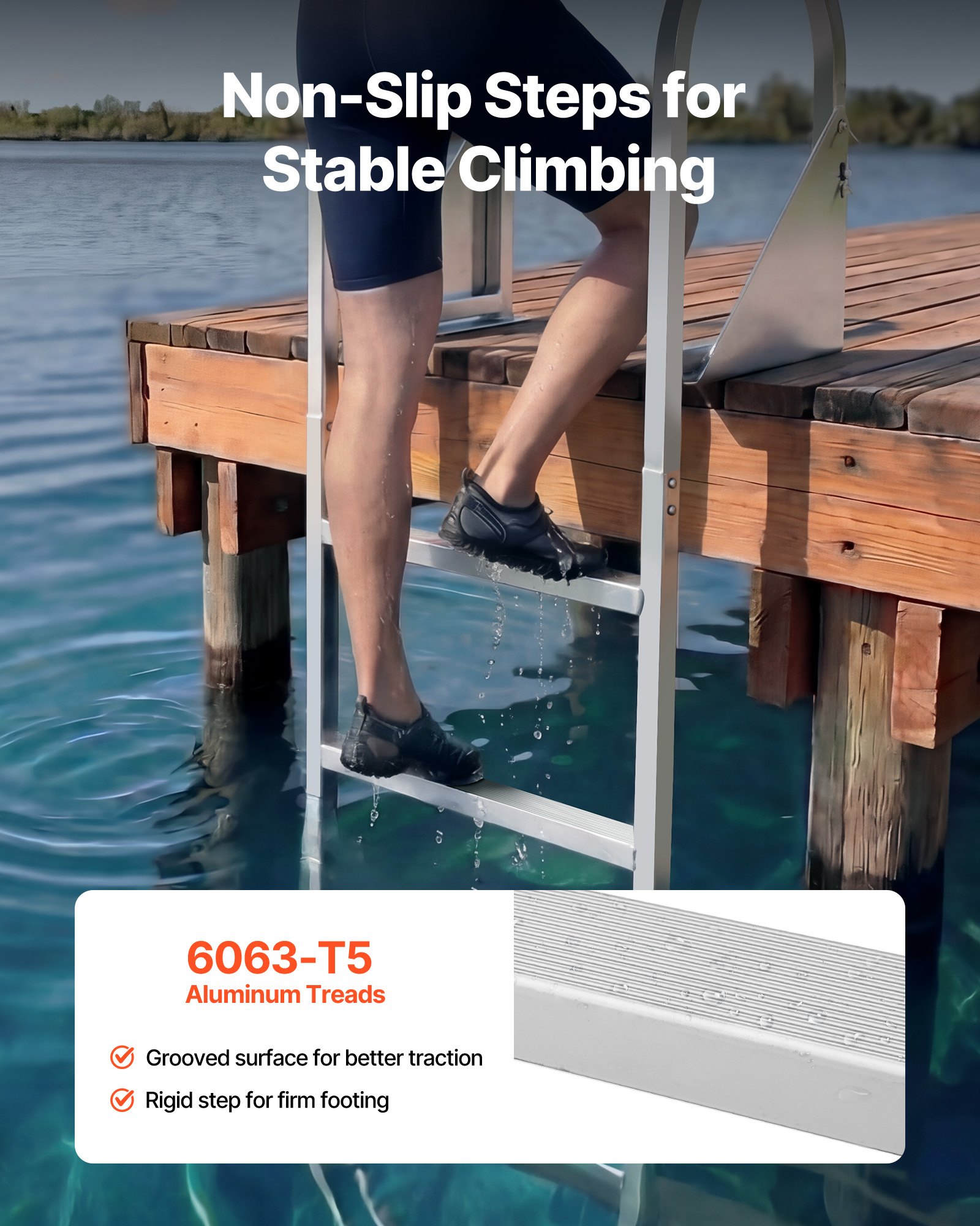 Składana drabina dokująca VEVOR, drabina do łodzi z 4 antypoślizgowymi stopniami, szerokimi pedałami i poręczą, drabina basenowa o udźwigu 159 kg, wykonana ze stopu aluminium, drabina wejściowa do pomostów, basenów, jezior i łodzi, srebrna